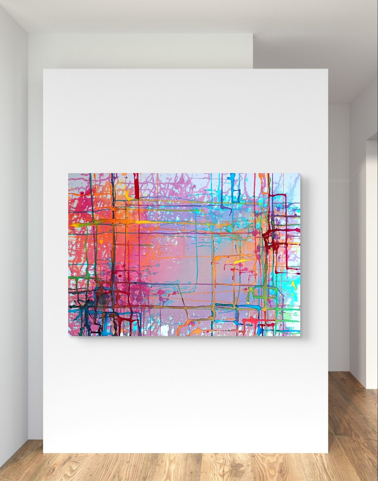 Colorful Windows original mixed media abstract painting on canvas by Diana Dimova TRAXI ART. Certificate Award Winner 2025. A colorful abstract canvas wall art print featuring vibrant pink, orange, blue, and purple brushstrokes, displayed on a white wall in a modern room with light wood floors.