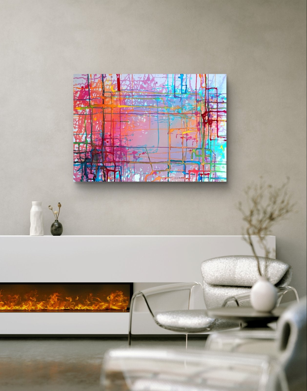 Colorful Windows original mixed media abstract painting on canvas by Diana Dimova TRAXI ART. Certificate Award Winner 2025. A colorful abstract canvas wall art print with vibrant pink, blue, orange, and yellow paint strokes, displayed in a modern living room setting above a white fireplace console.