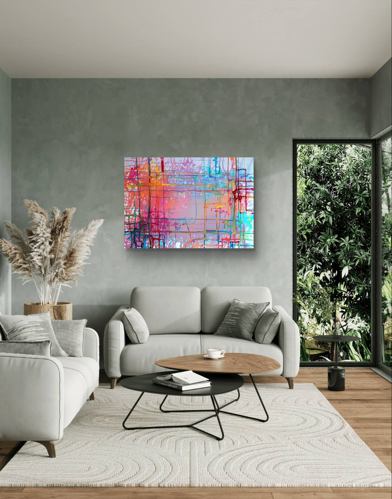 Colorful Windows original mixed media abstract painting on canvas by Diana Dimova TRAXI ART. Certificate Award Winner 2025. A colorful abstract canvas print with vibrant pink, orange, blue, and yellow paint strokes, displayed on a textured gray wall above a modern light gray sofa in a styled living room.