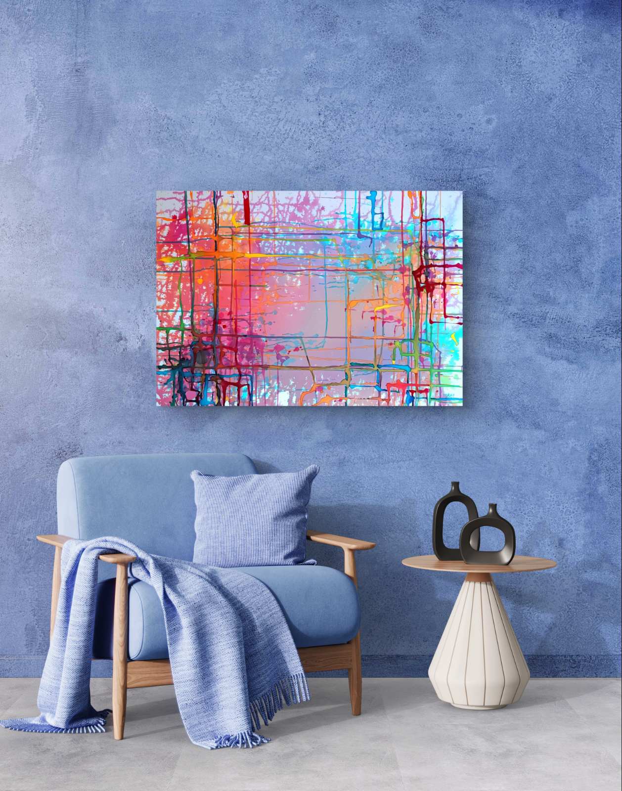 Colorful Windows original mixed media abstract painting on canvas by Diana Dimova TRAXI ART. Certificate Award Winner 2025. A colorful abstract canvas wall art print hanging on a textured blue wall above a light blue armchair with a throw blanket and a small side table.