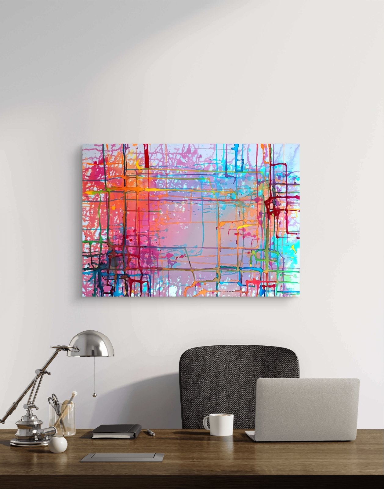 Colorful Windows original mixed media abstract painting on canvas by Diana Dimova TRAXI ART. Certificate Award Winner 2025. A colorful abstract canvas print with vibrant pink, blue, orange, and yellow paint strokes, displayed on a white wall above a wooden desk with a laptop, lamp, and chair.
