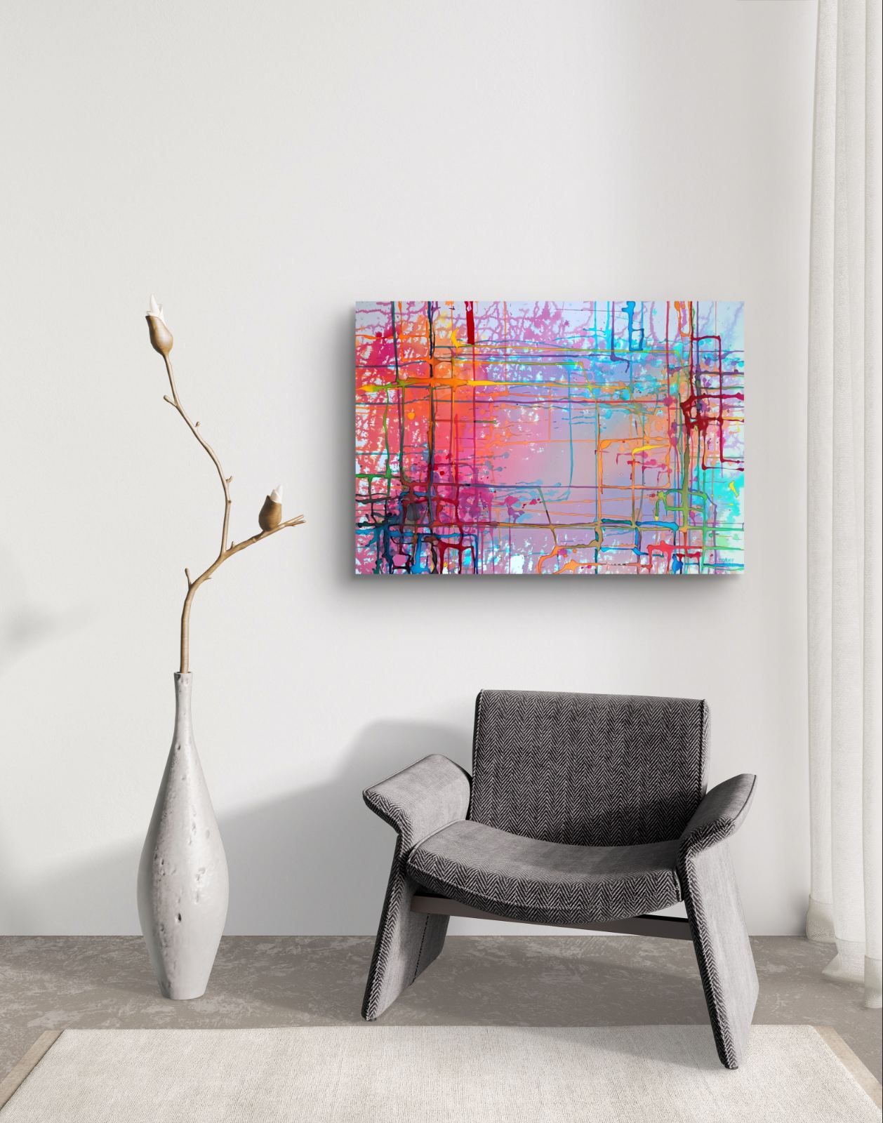 Colorful Windows original mixed media abstract painting on canvas by Diana Dimova TRAXI ART. Certificate Award Winner 2025. A colorful abstract canvas print with vibrant pink, blue, orange, and purple brushstrokes, displayed on a white wall above a modern gray armchair and next to a tall white vase with dried branches.