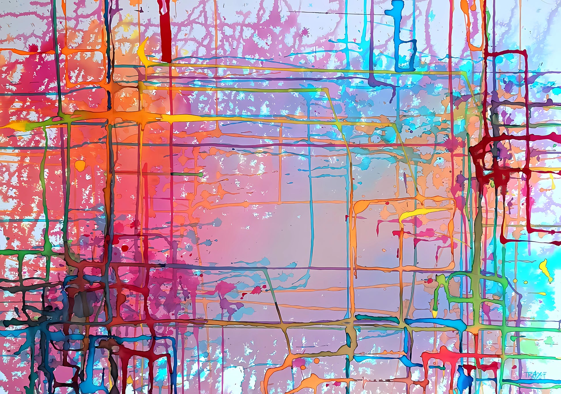 Colorful Windows original mixed media abstract painting on canvas by Diana Dimova TRAXI ART. Certificate Award Winner 2025. Abstract colorful painting with overlapping grid lines and paint splatters in pink, orange, blue, green, yellow, and red on a pale lavender background.