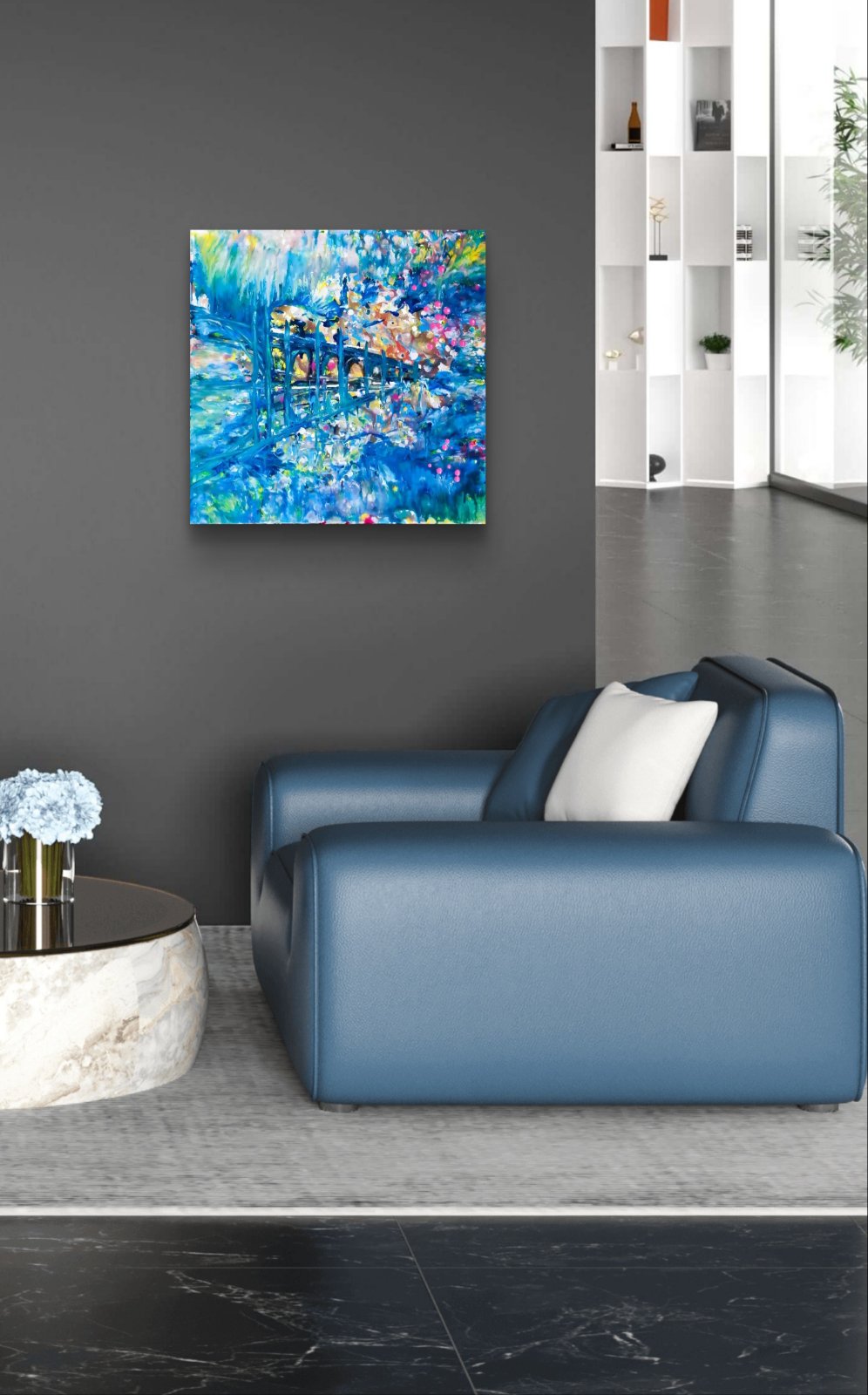 Dreamlike Blue Ocean Abstract Where Waves Awaken original fluid acrylic painting by Diana Dimova TRAXI ART. Serene deep blue and white abstract seascape canvas.