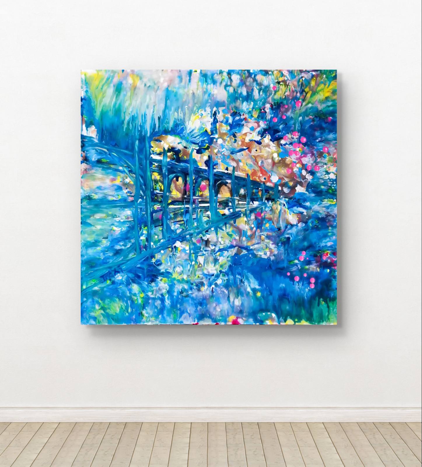 Dreamlike Blue Ocean Abstract Where Waves Awaken original fluid acrylic painting by Diana Dimova TRAXI ART. Serene deep blue and white abstract seascape canvas.