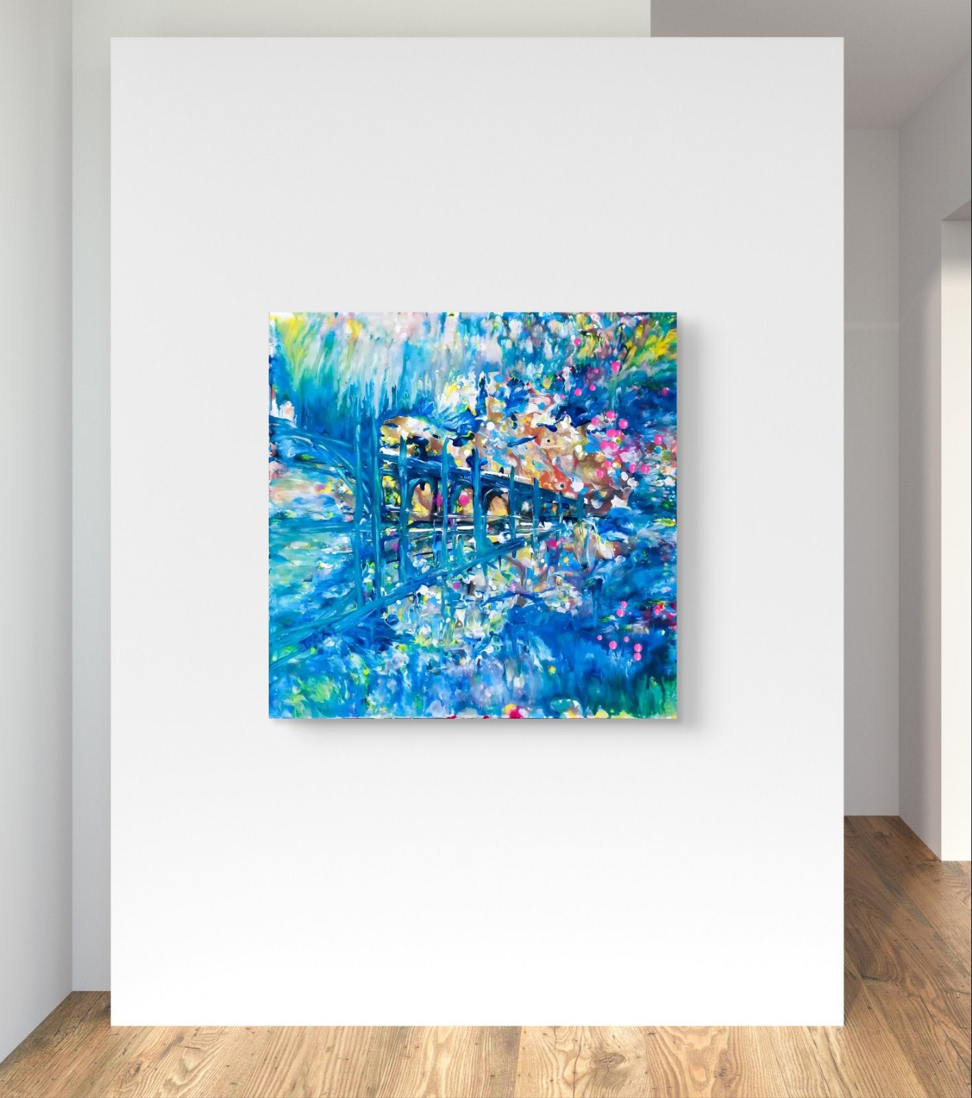 Dreamlike Blue Ocean Abstract Where Waves Awaken original fluid acrylic painting by Diana Dimova TRAXI ART. Serene deep blue and white abstract seascape canvas.