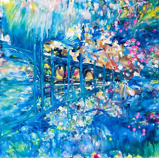 Dreamlike Blue Ocean Abstract Where Waves Awaken original fluid acrylic painting by Diana Dimova TRAXI ART. Serene deep blue and white abstract seascape canvas.