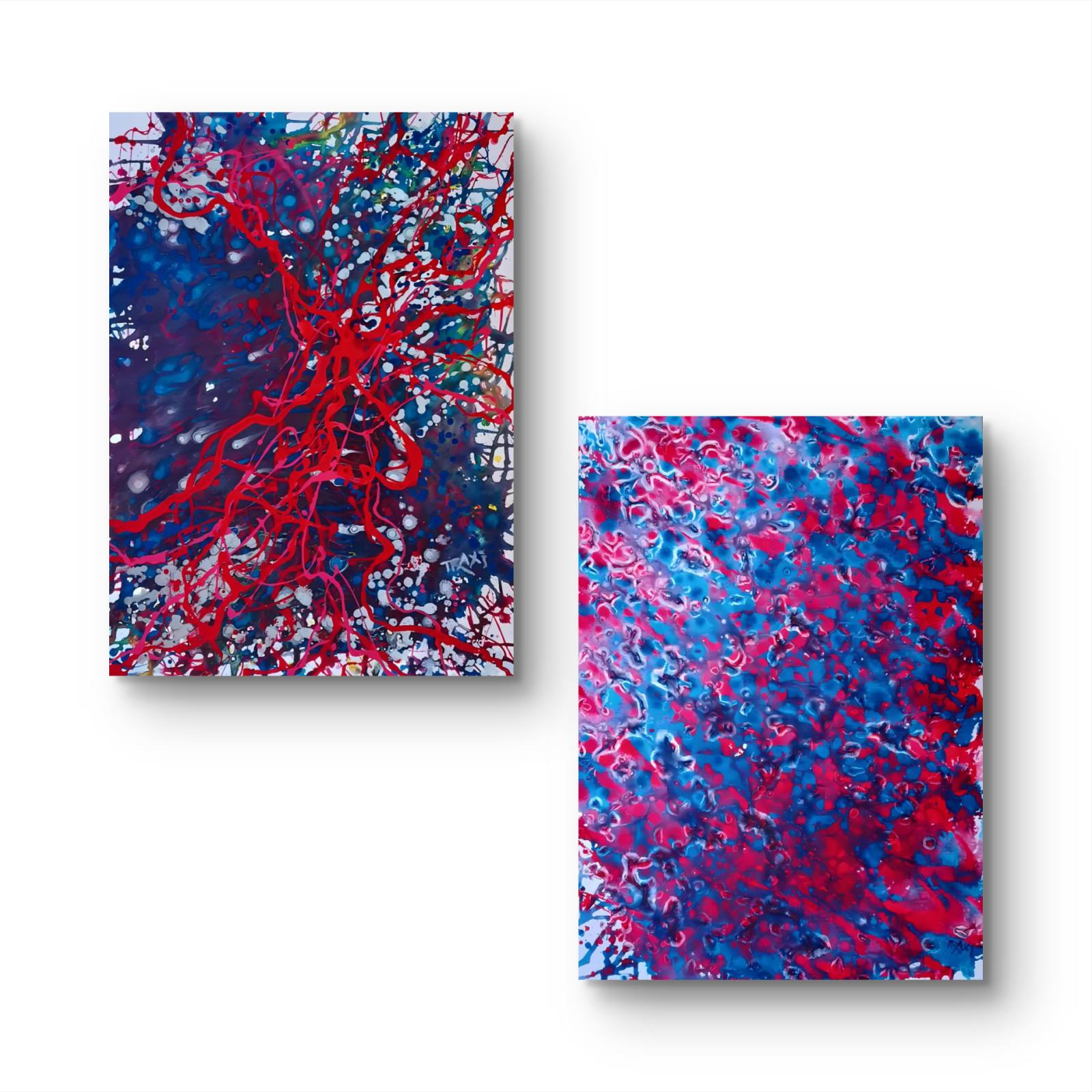 lemental Dialogue limited edition diptych print consisting of Blood Connection and Red & Blue Balance abstract paintings by Diana Dimova TRAXI ART. Two abstract canvas wall art prints with vibrant red, blue, and pink paint splatters, displayed side-by-side against a clean white background.