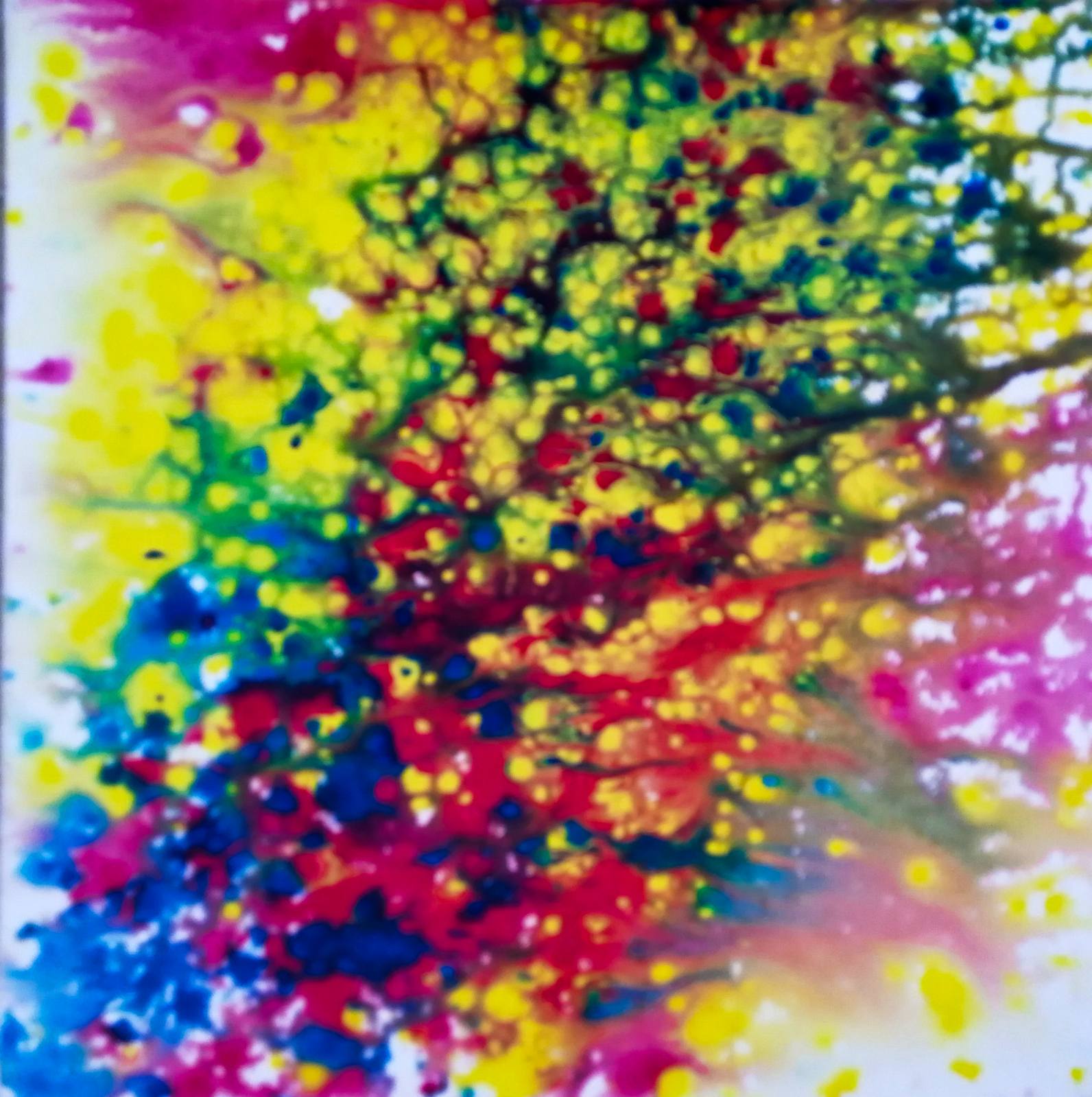 Fires Set original fluid acrylic abstract diptych in blue, red, orange, and yellow by Diana Dimova TRAXI ART. Finalist Award winner 2025. Colorful tie-dye pattern with a mix of yellow, blue, red, and pink.