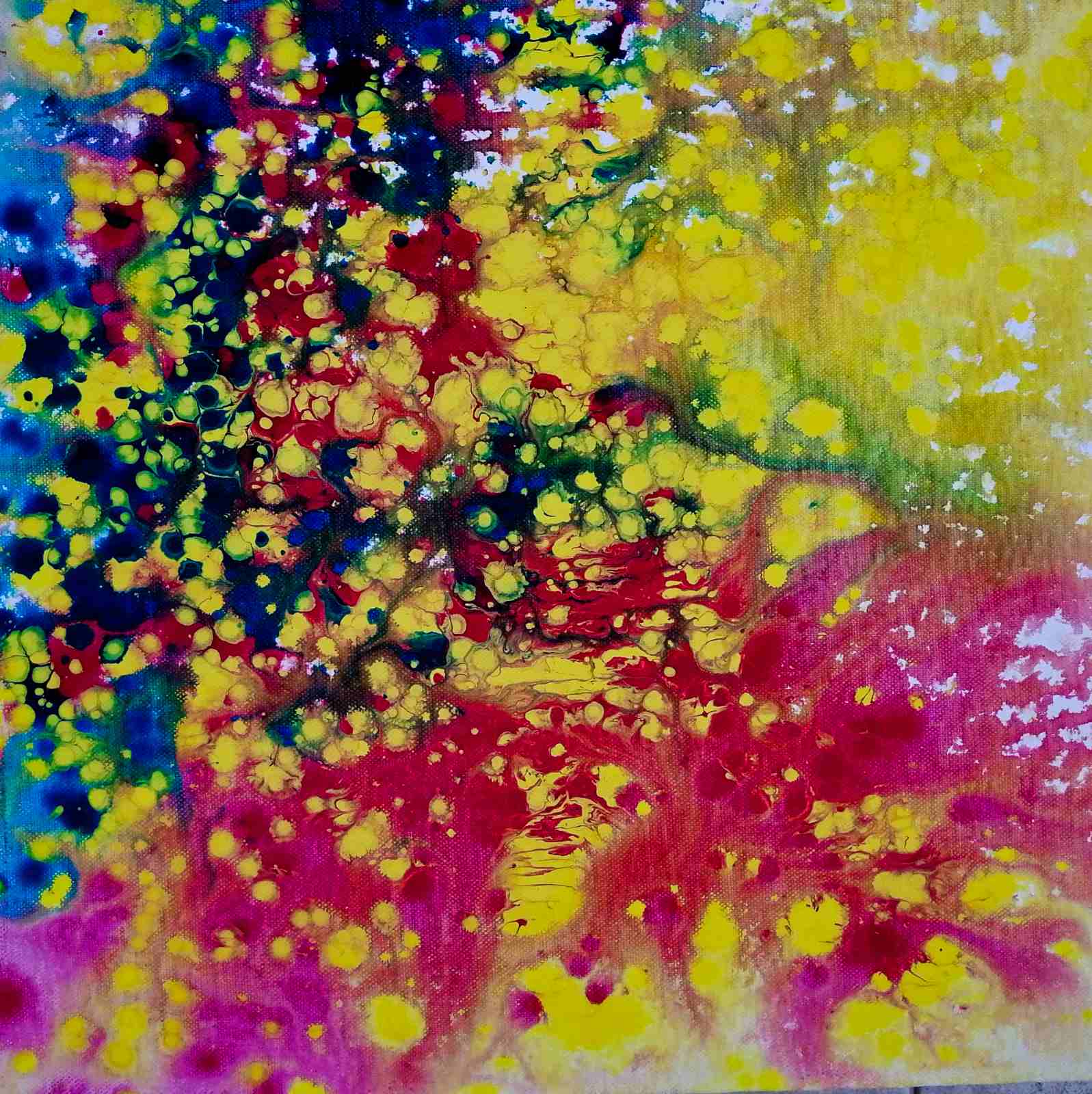 Fires Set original fluid acrylic abstract diptych in blue, red, orange, and yellow by Diana Dimova TRAXI ART. Finalist Award winner 2025. Abstract fluid art print featuring vibrant splashes and marbled patterns of yellow, magenta pink, red, blue, and green paint on a textured canvas.