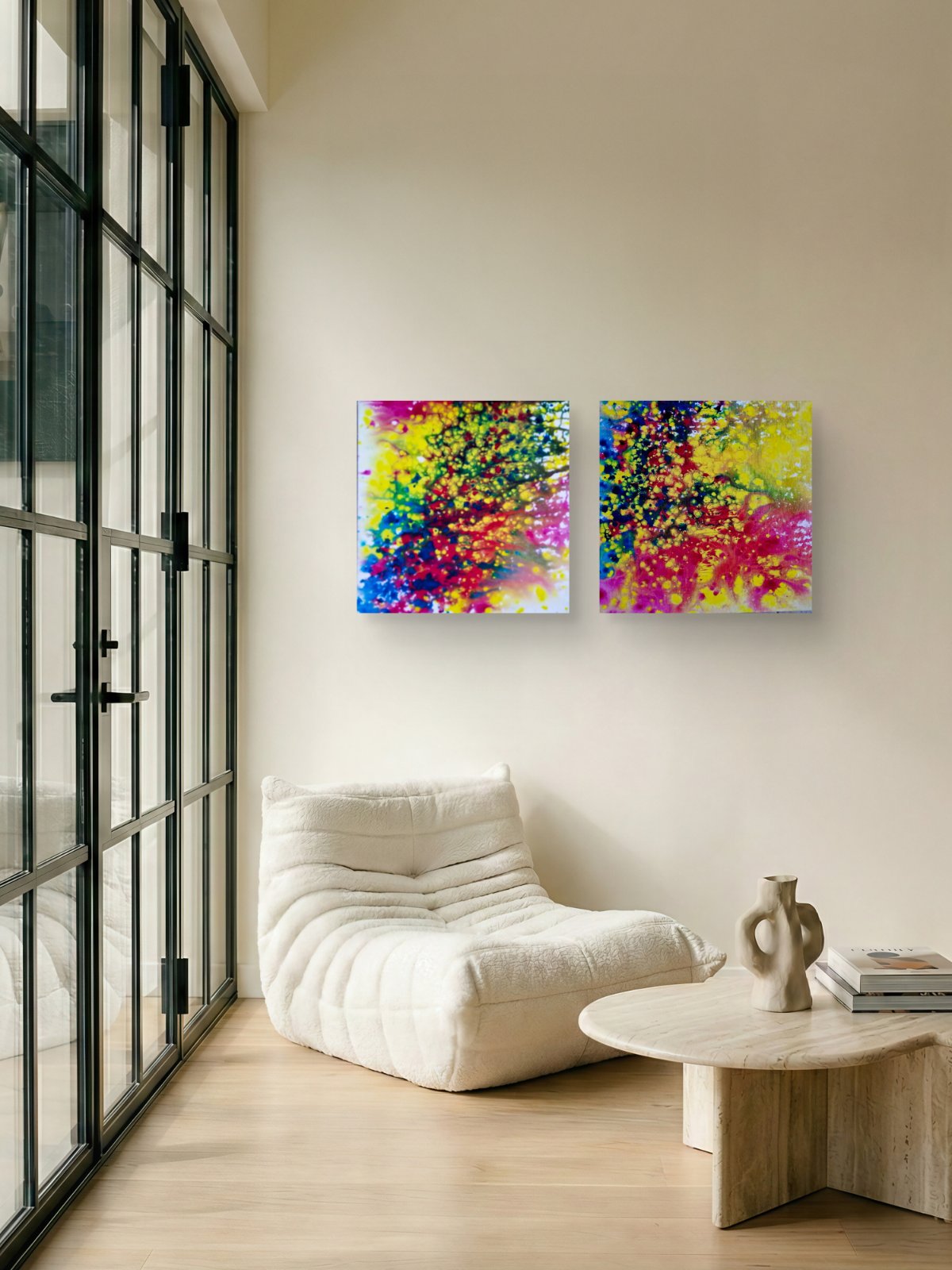 Fires Set original fluid acrylic abstract diptych in blue, red, orange, and yellow by Diana Dimova TRAXI ART. Finalist Award winner 2025. A pair of square abstract canvas prints with vibrant splatters of yellow, pink, blue, and green, displayed on a beige wall in a modern living room setting with a white lounge chair and a small wooden table.