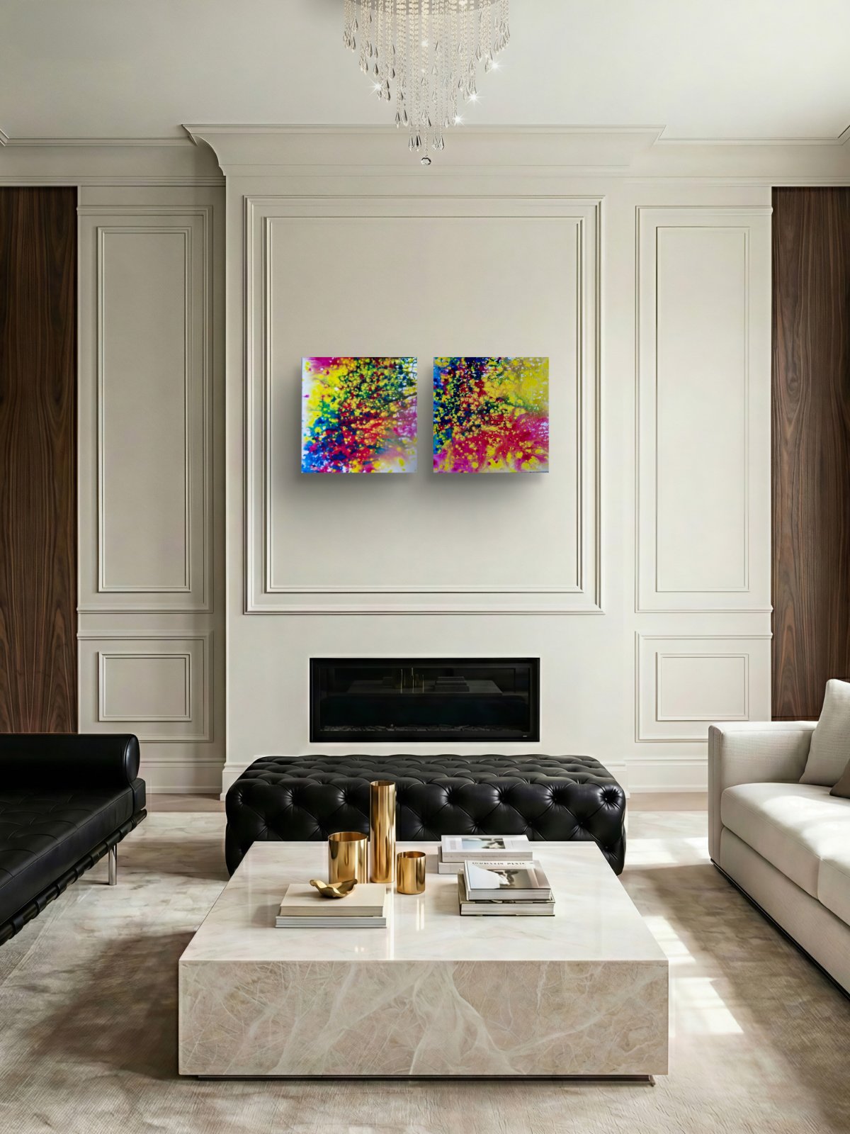 Fires Set original fluid acrylic abstract diptych in blue, red, orange, and yellow by Diana Dimova TRAXI ART. Finalist Award winner 2025. A modern living room with a black tufted ottoman, a marble coffee table, and a white paneled wall featuring a black fireplace. Two colorful abstract canvas prints are mounted on the wall above the fireplace.
