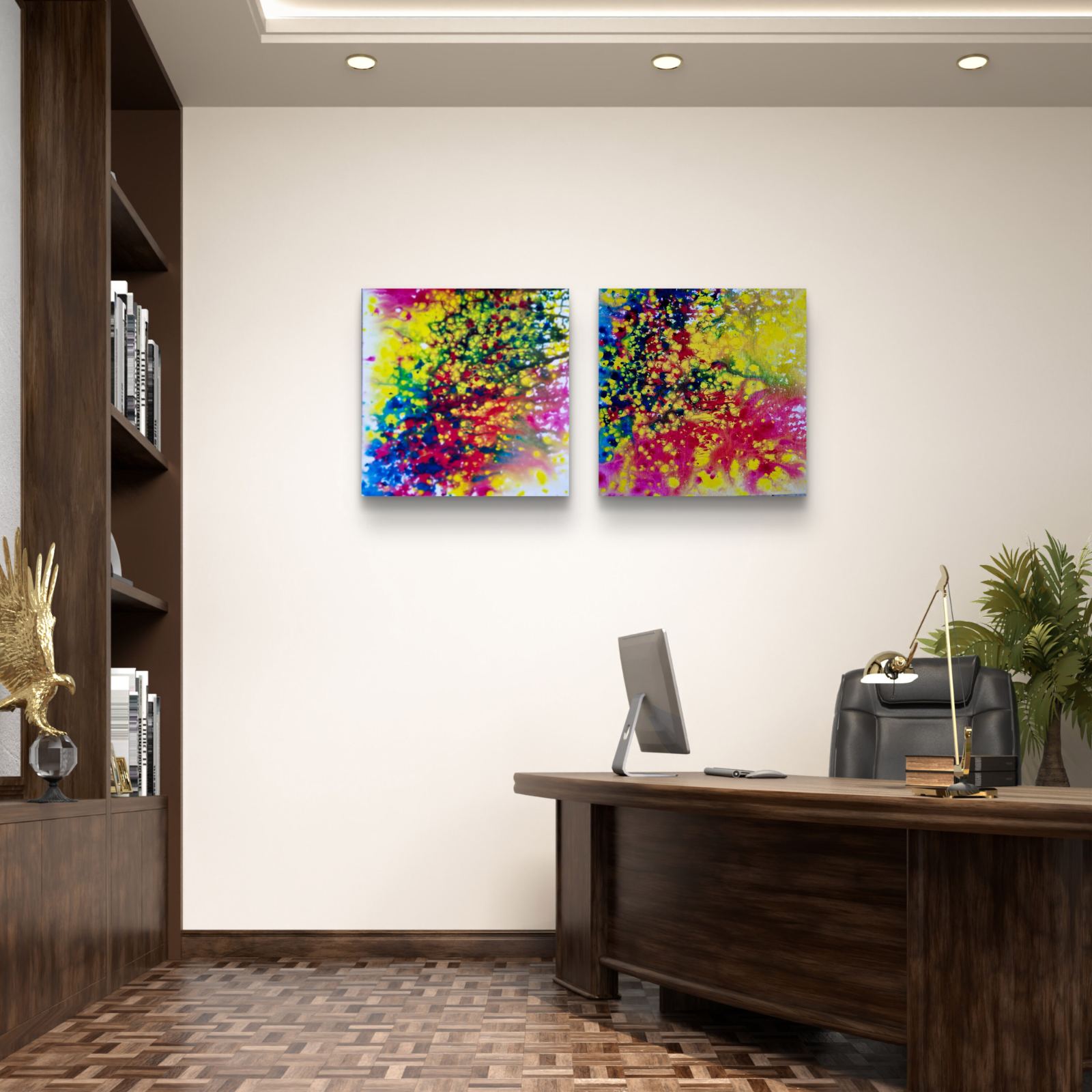 Fires Set original fluid acrylic abstract diptych in blue, red, orange, and yellow by Diana Dimova TRAXI ART. Finalist Award winner 2025. A modern office interior with two colorful abstract wall art prints hanging above a dark wood desk. The artwork features vibrant splashes of yellow, pink, blue, green, and purple.