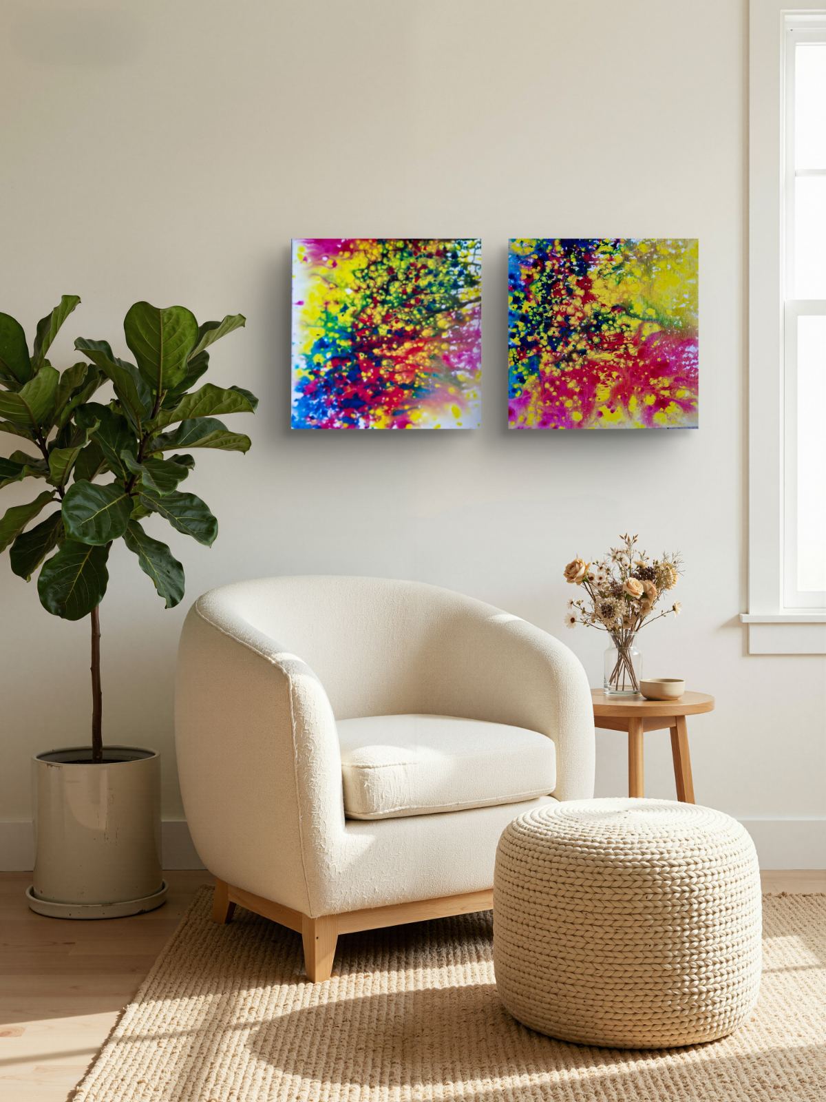 Fires Set original fluid acrylic abstract diptych in blue, red, orange, and yellow by Diana Dimova TRAXI ART. Finalist Award winner 2025. A pair of square abstract wall art prints with vibrant multicolor paint splatters hang on a light beige wall above a cream armchair in a styled living room setting.