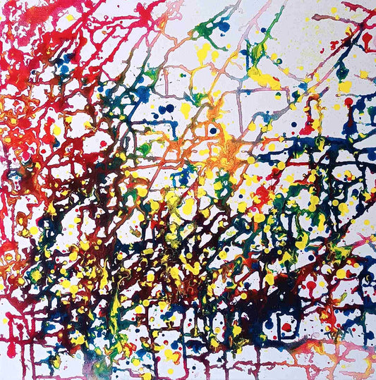 Flecks of Sunlight original fluid acrylic abstract painting by Diana Dimova TRAXI ART. Distinction Award winner 2025, San Francisco. Abstract splatter painting on a white background with energetic drips and splashes of red, yellow, blue, green, black, and orange paint.
