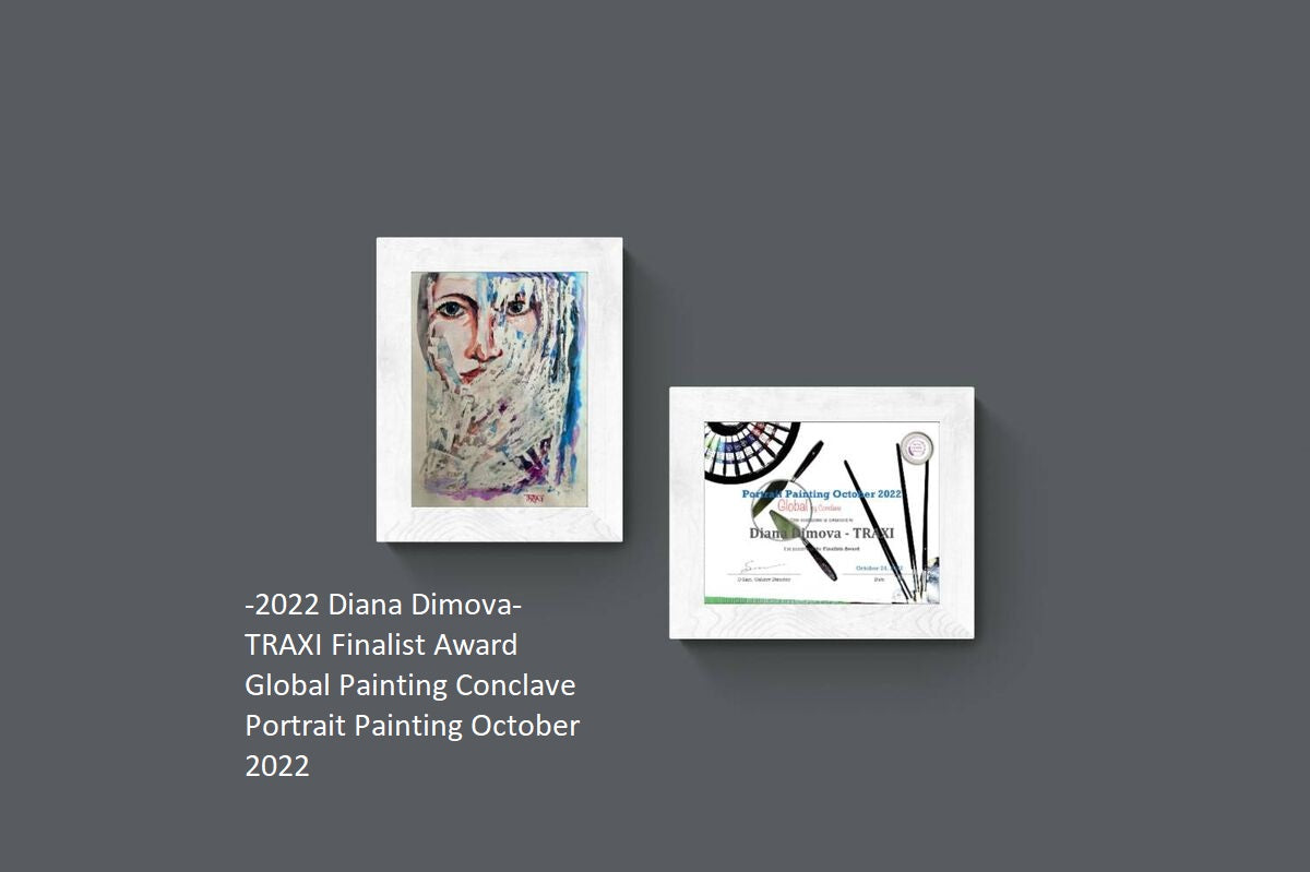 Two framed portrait paintings displayed side by side on a dark gray background, with white text below reading '2022 Diana Dimova-TRAXI Finalist Award Global Painting Conclave Portrait Painting October 2022'.  Frozen original emotional watercolor portrait of a woman in blue and white tones by Diana Dimova TRAXI ART.