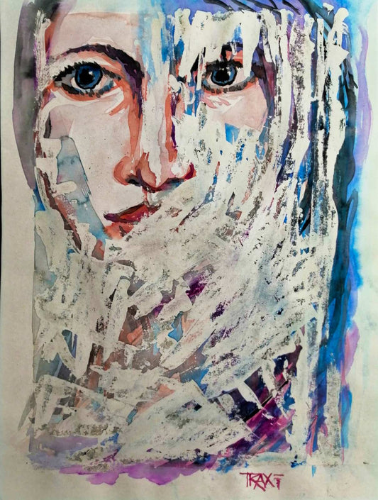 Frozen original emotional watercolor portrait of a woman in blue and white tones by Diana Dimova TRAXI ART. An abstract watercolor portrait painting of a woman's face, featuring expressive brushstrokes in blue, purple, white, pink, and gray on a textured paper background, signed 'TRAXT' at the bottom right.