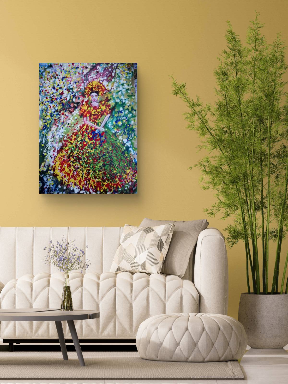 Goddess of Spring original abstract figurative portrait acrylic painting with vibrant green, red, and yellow Klimt-style tones by Diana Dimova TRAXI ART.