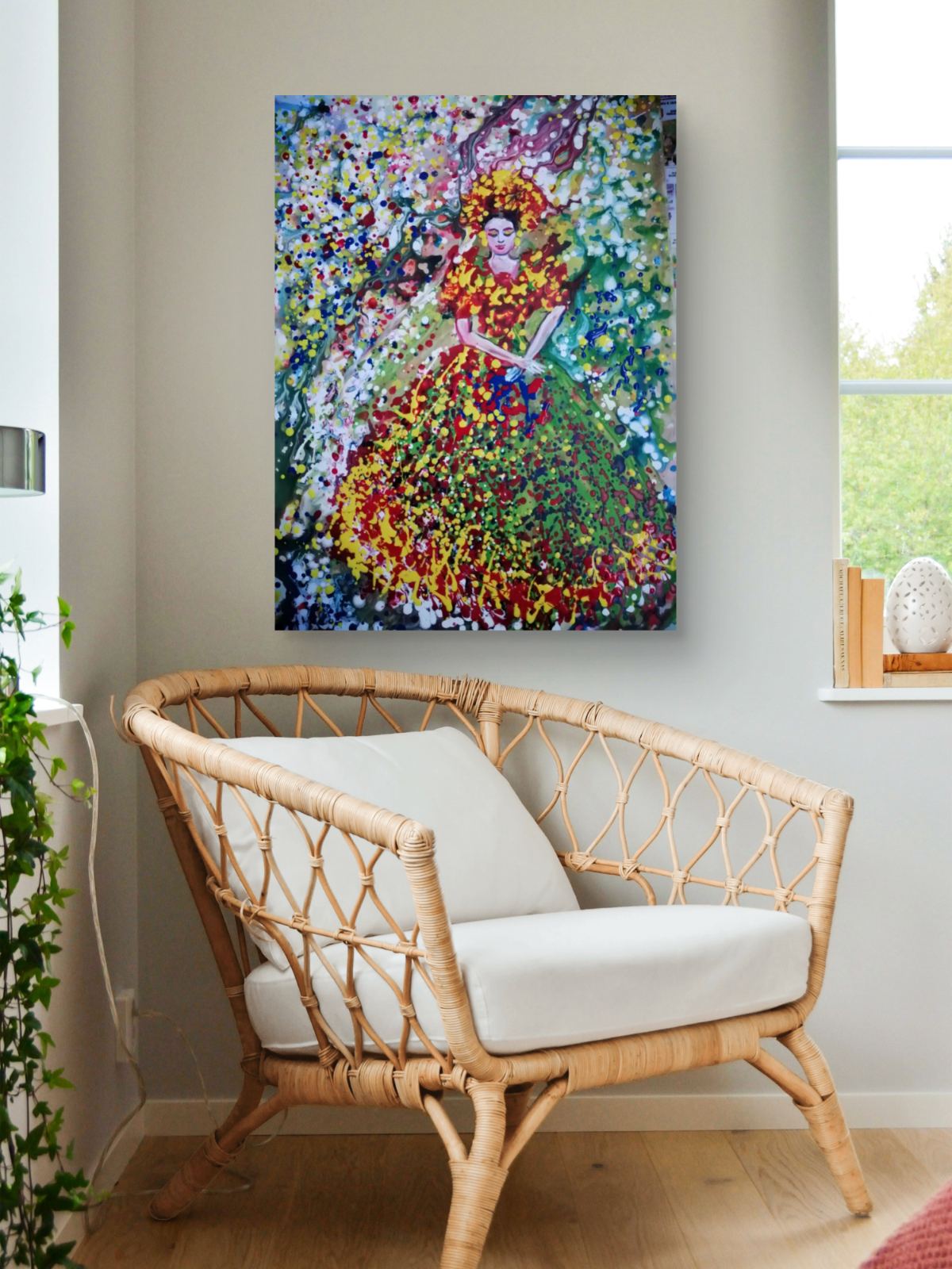 Goddess of Spring original abstract figurative portrait acrylic painting with vibrant green, red, and yellow Klimt-style tones by Diana Dimova TRAXI ART.