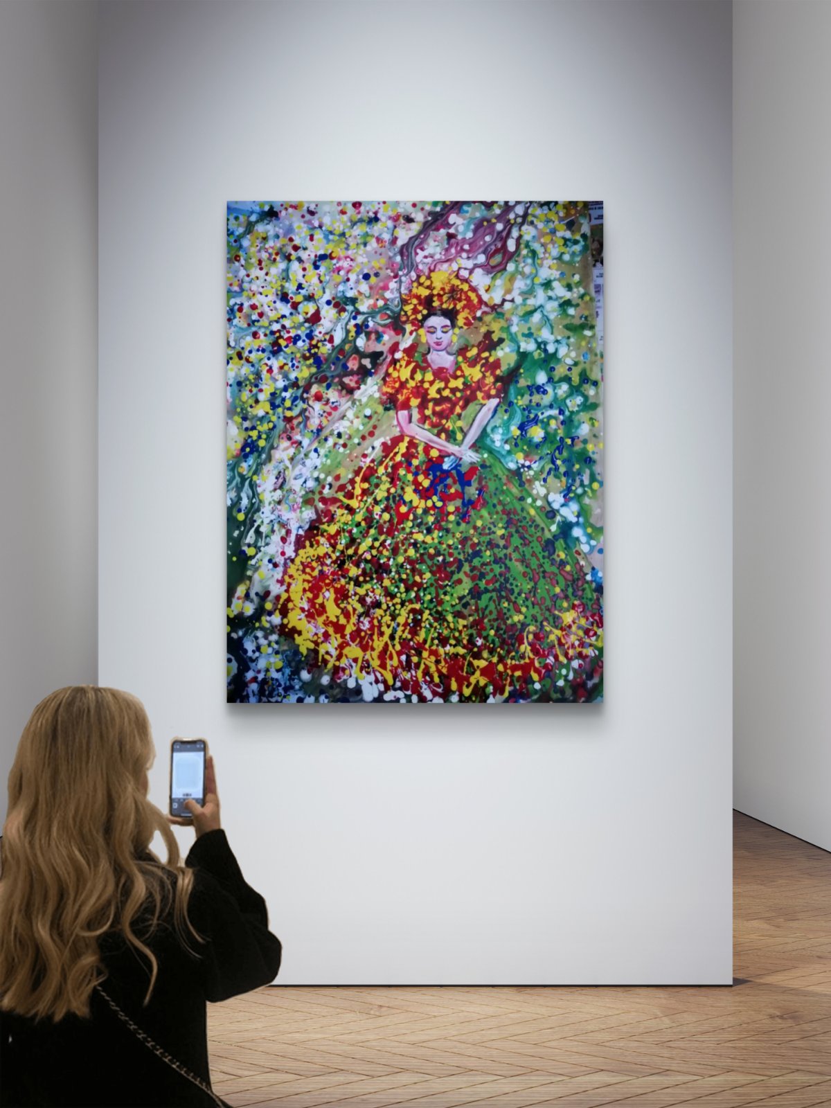 Goddess of Spring original abstract figurative portrait acrylic painting with vibrant green, red, and yellow Klimt-style tones by Diana Dimova TRAXI ART.