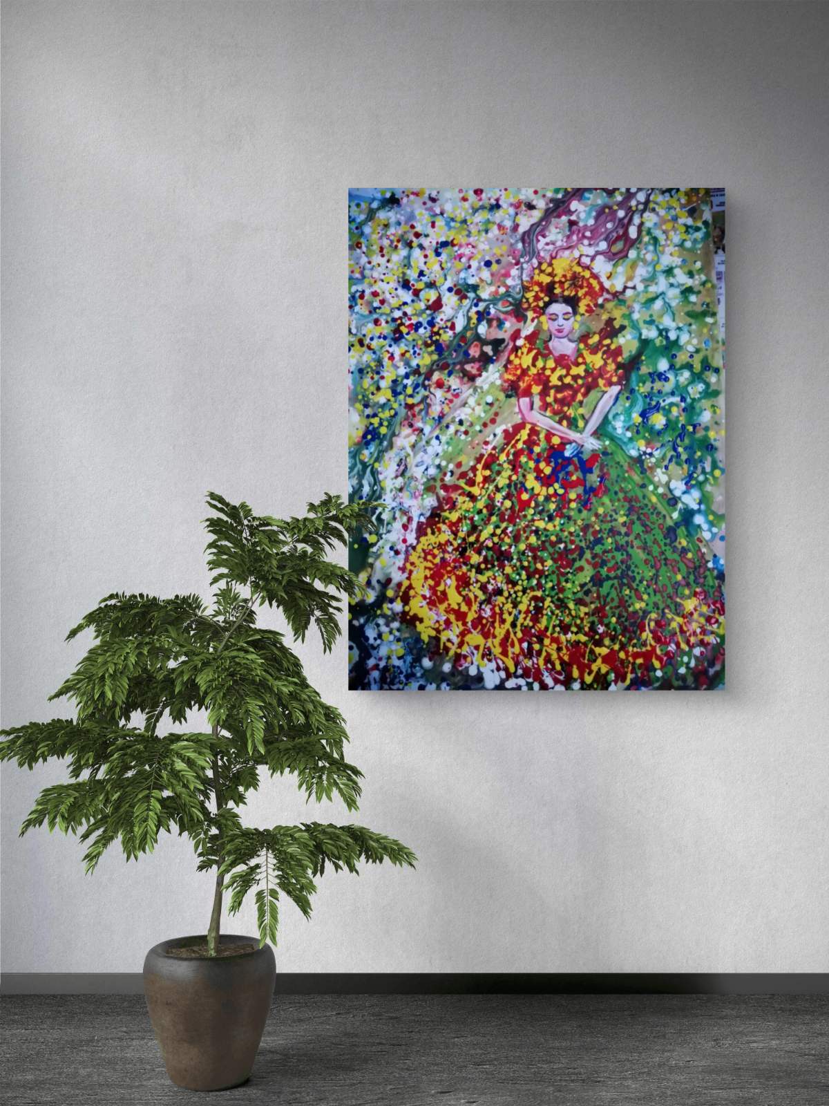 Goddess of Spring original abstract figurative portrait acrylic painting with vibrant green, red, and yellow Klimt-style tones by Diana Dimova TRAXI ART.