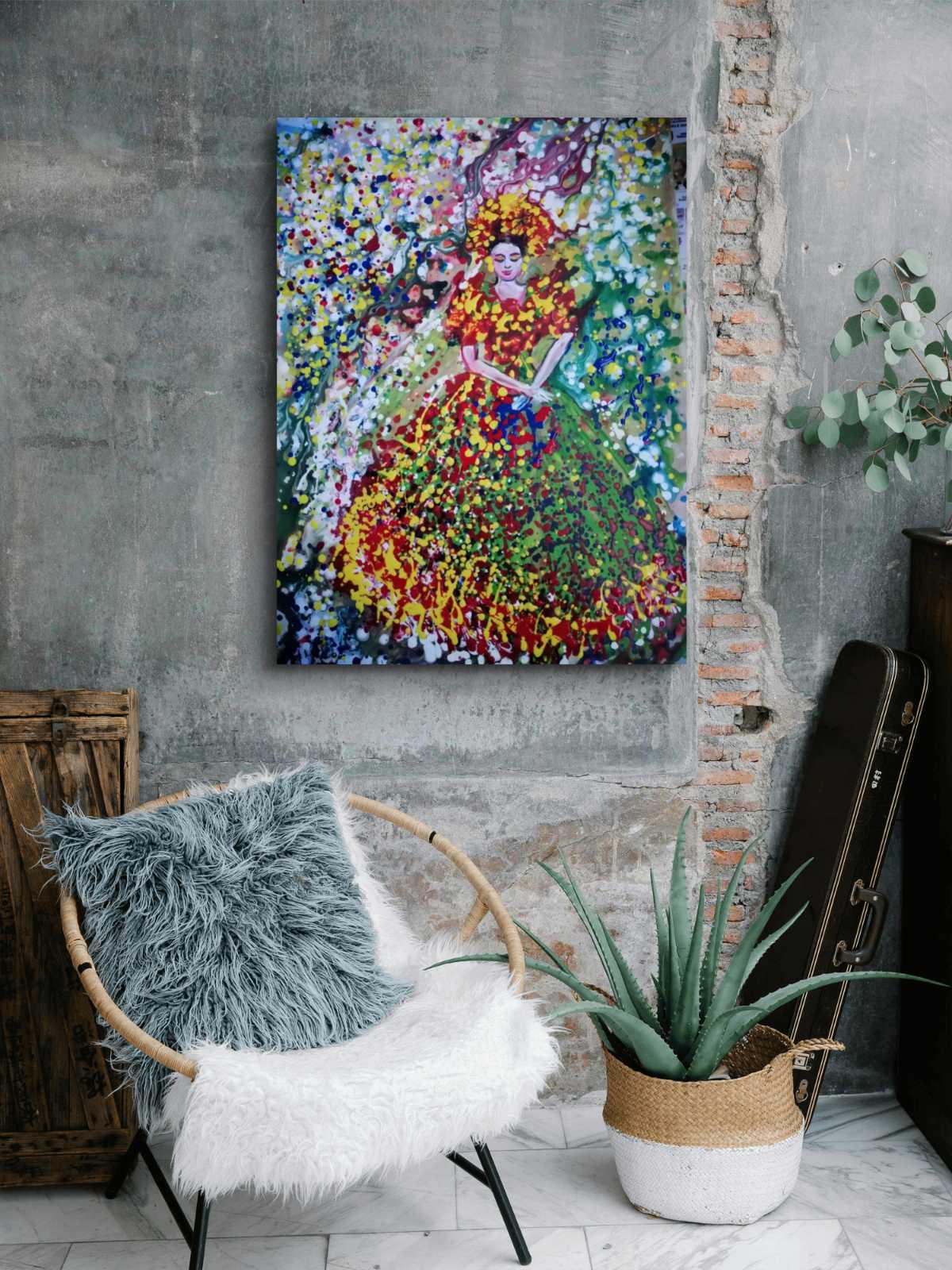 Goddess of Spring original abstract figurative portrait acrylic painting with vibrant green, red, and yellow Klimt-style tones by Diana Dimova TRAXI ART.