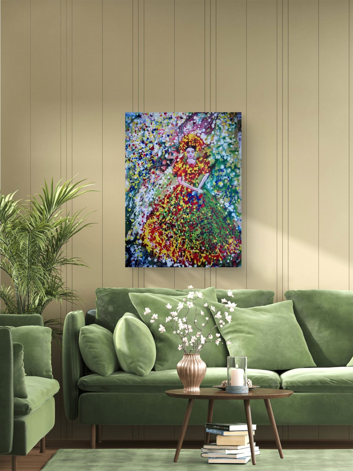 Goddess of Spring original abstract figurative portrait acrylic painting with vibrant green, red, and yellow Klimt-style tones by Diana Dimova TRAXI ART.