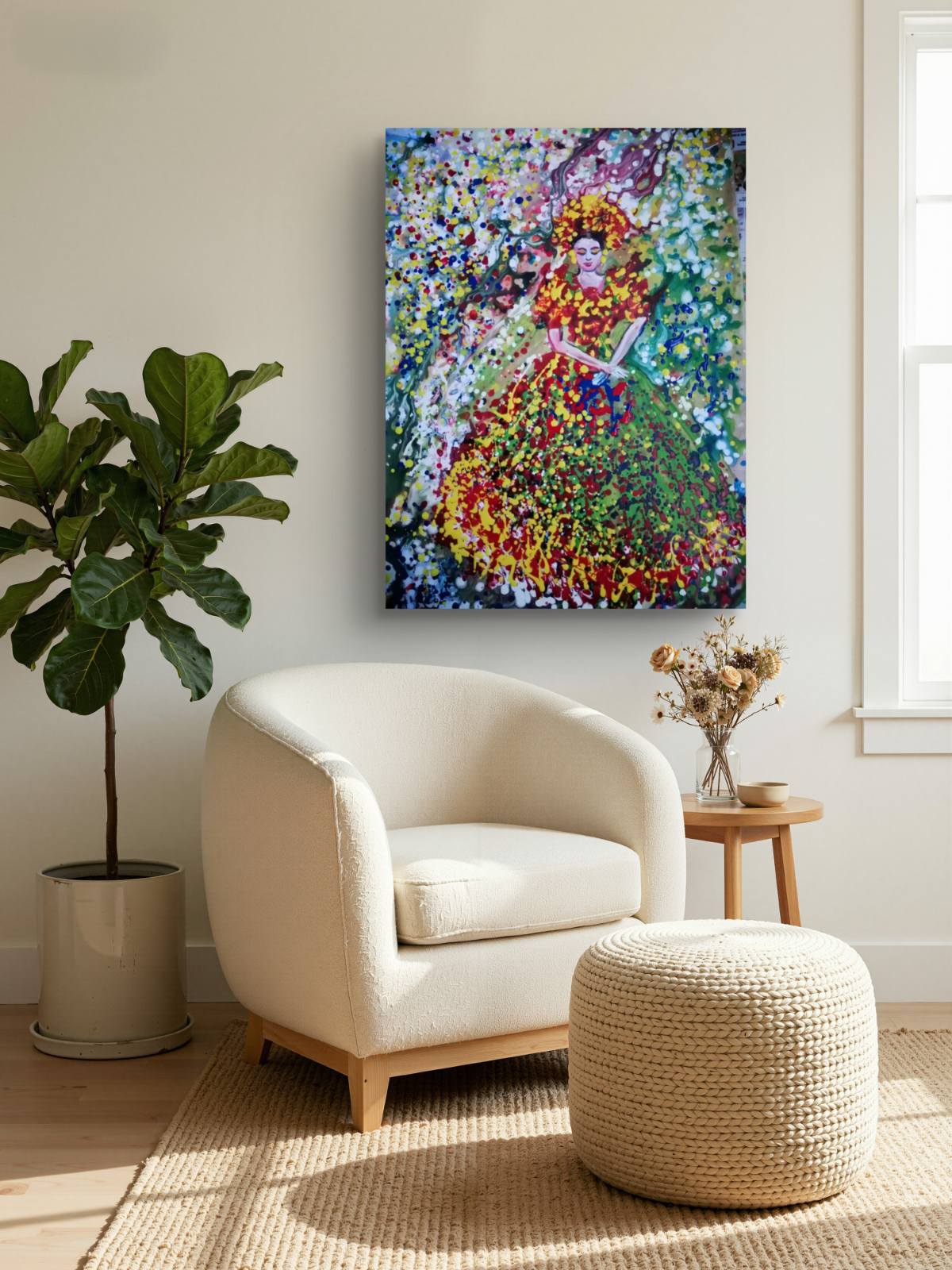 Goddess of Spring original abstract figurative portrait acrylic painting with vibrant green, red, and yellow Klimt-style tones by Diana Dimova TRAXI ART.