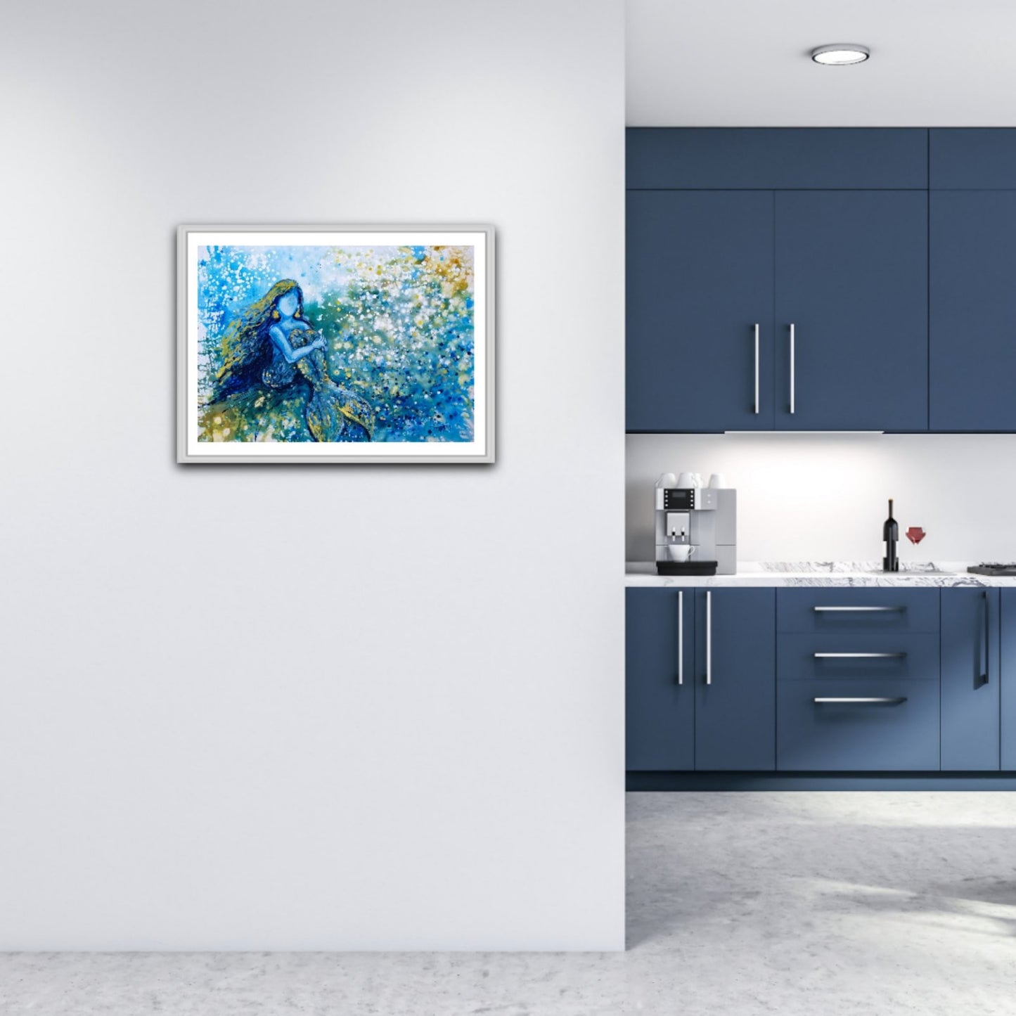 Sea Foam Dreams limited edition blue and gold mermaid abstract canvas print by Diana Dimova TRAXI ART. Luxury marine wall art.