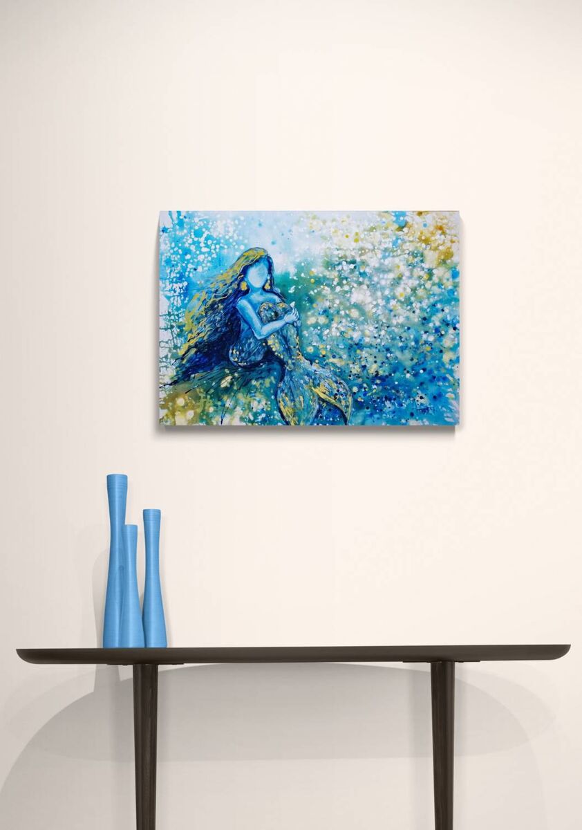 Sea Foam Dreams original blue abstract painting with golden mermaid accents modern abstract seascape  by Diana Dimova TRAXI ART. Luxury yacht and coastal wall art.