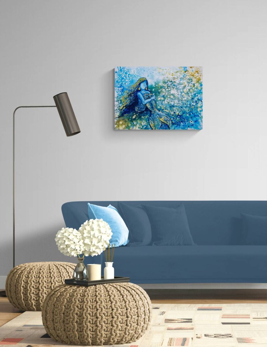 Sea Foam Dreams original blue abstract painting with golden mermaid accents modern abstract seascape  by Diana Dimova TRAXI ART. Luxury yacht and coastal wall art.