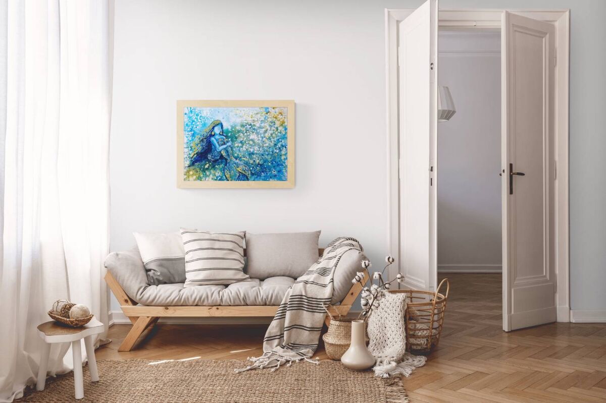 Sea Foam Dreams original blue abstract painting with golden mermaid accents modern abstract seascape  by Diana Dimova TRAXI ART. Luxury yacht and coastal wall art.