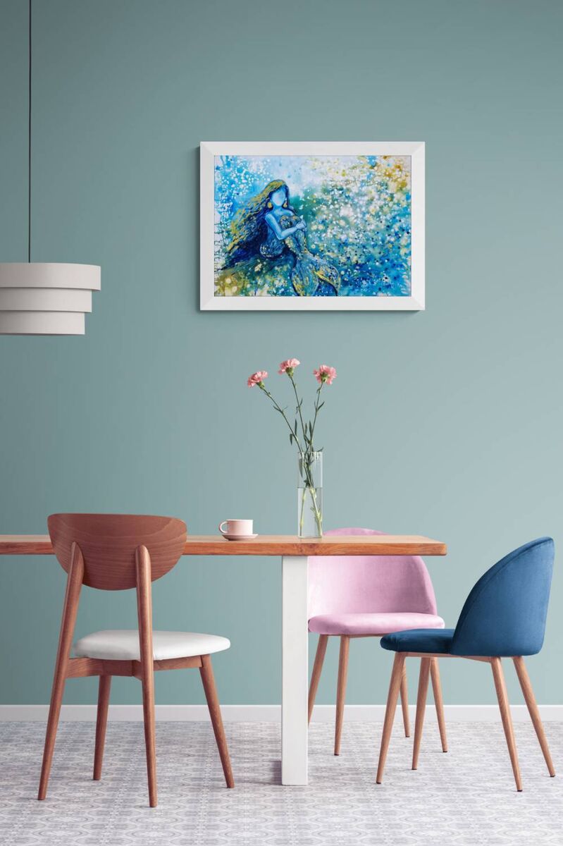 Sea Foam Dreams original blue abstract painting with golden mermaid accents modern abstract seascape  by Diana Dimova TRAXI ART. Luxury yacht and coastal wall art.