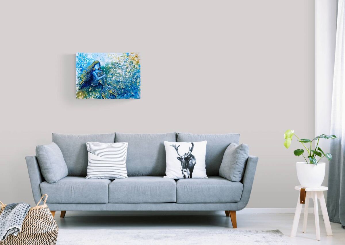 Sea Foam Dreams original blue abstract painting with golden mermaid accents modern abstract seascape  by Diana Dimova TRAXI ART. Luxury yacht and coastal wall art.