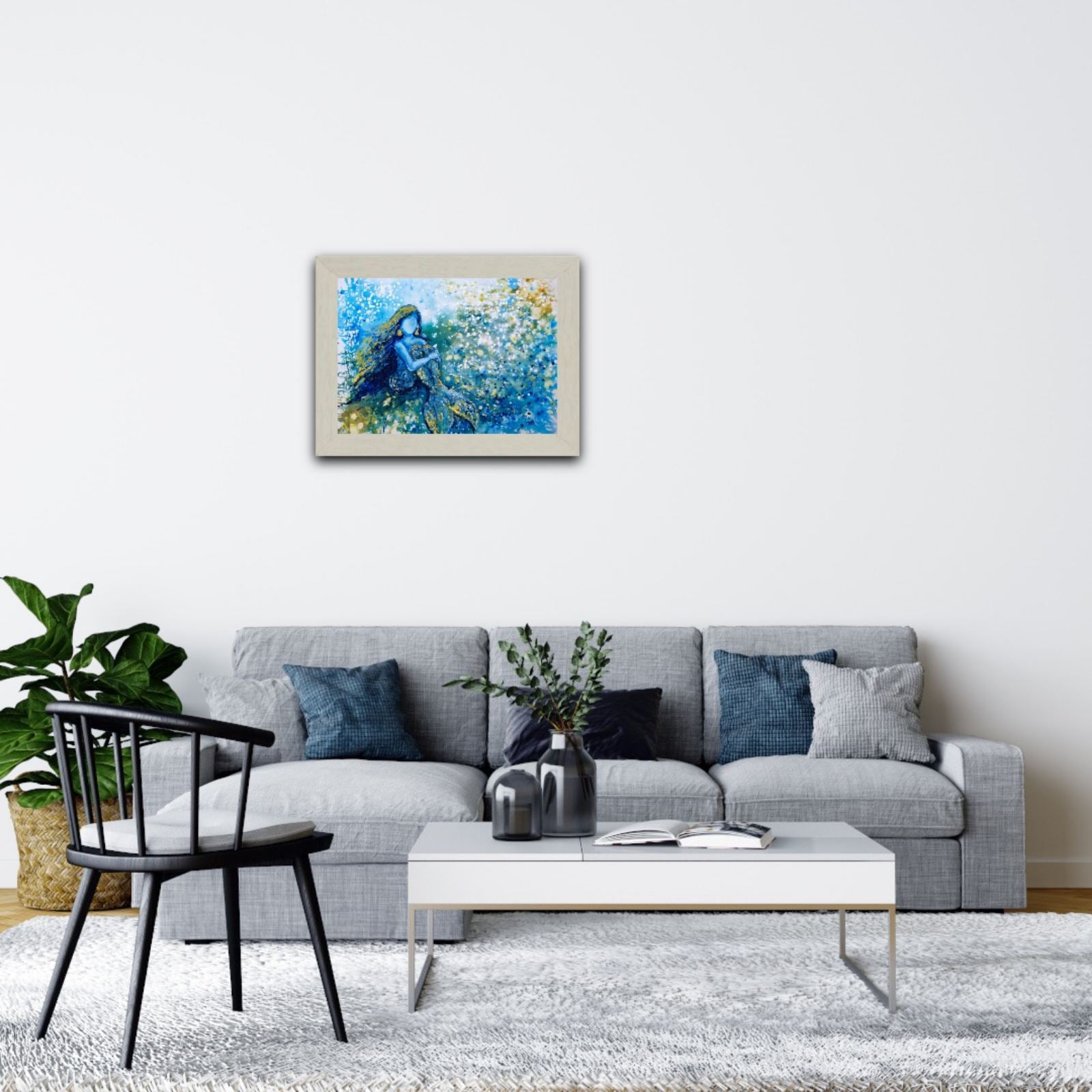 Sea Foam Dreams original blue abstract painting with golden mermaid accents modern abstract seascape  by Diana Dimova TRAXI ART. Luxury yacht and coastal wall art.