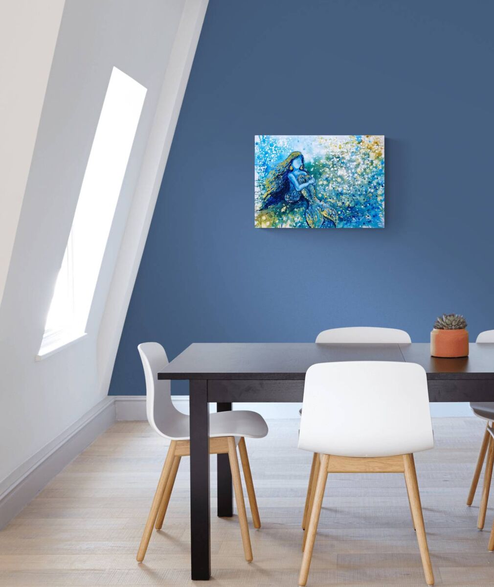 Sea Foam Dreams original blue abstract painting with golden mermaid accents modern abstract seascape  by Diana Dimova TRAXI ART. Luxury yacht and coastal wall art.