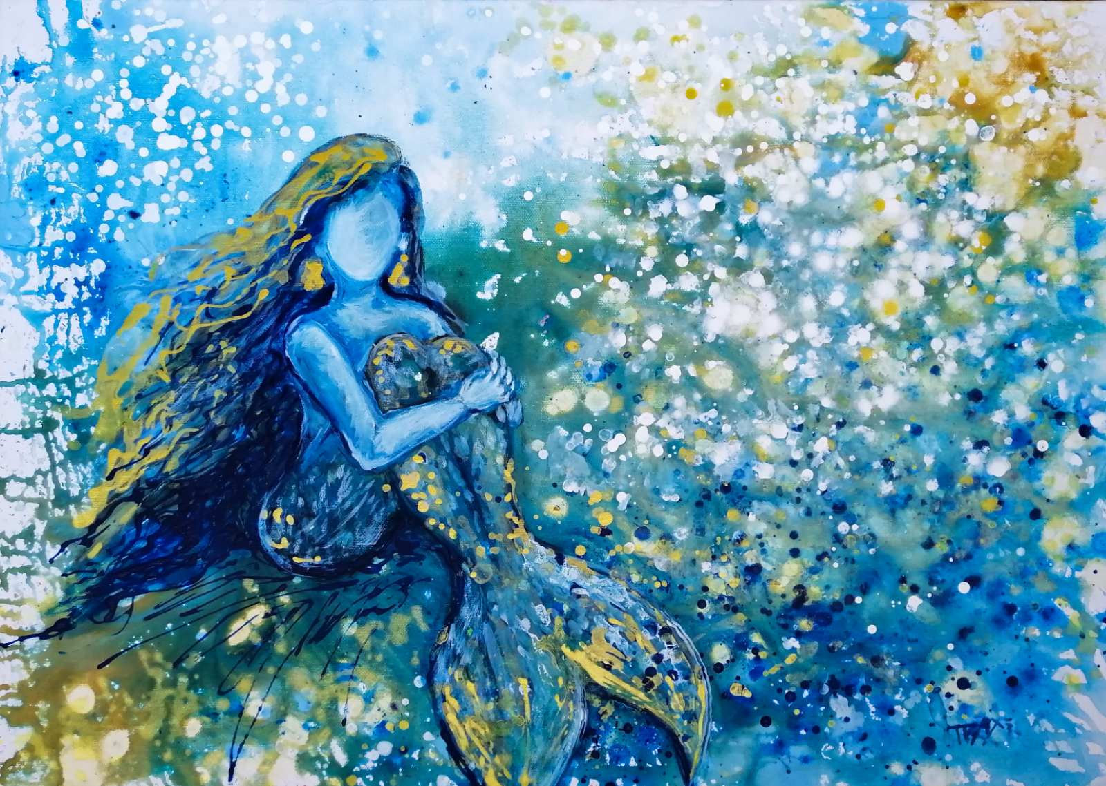 Sea Foam Dreams original blue abstract painting with golden mermaid accents modern abstract seascape  by Diana Dimova TRAXI ART. Luxury yacht and coastal wall art.