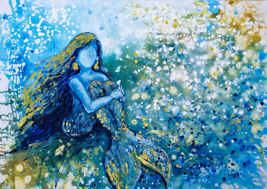 Sea Foam Dreams original blue abstract painting with golden mermaid accents modern abstract seascape  by Diana Dimova TRAXI ART. Luxury yacht and coastal wall art.