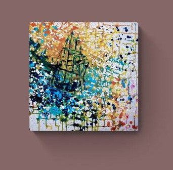 Golden Sunset Sea Ship limited edition square premium canvas print with blue and shimmering gold abstract ocean layers by Diana Dimova TRAXI ART.