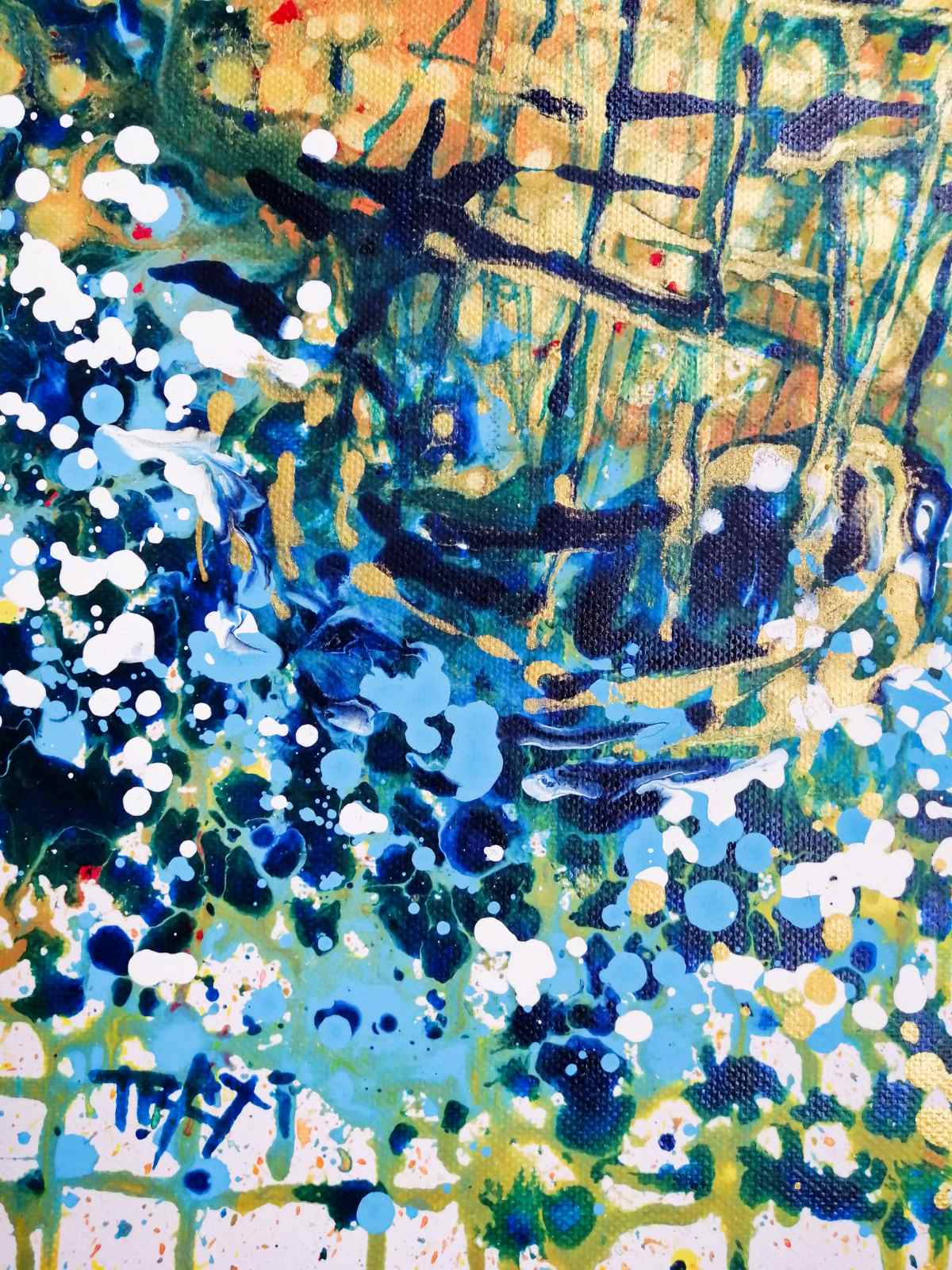 Golden Sunset Sea Ship original abstract seascape fluid acrylic painting with blue and shimmering gold tones by Diana Dimova TRAXI ART.