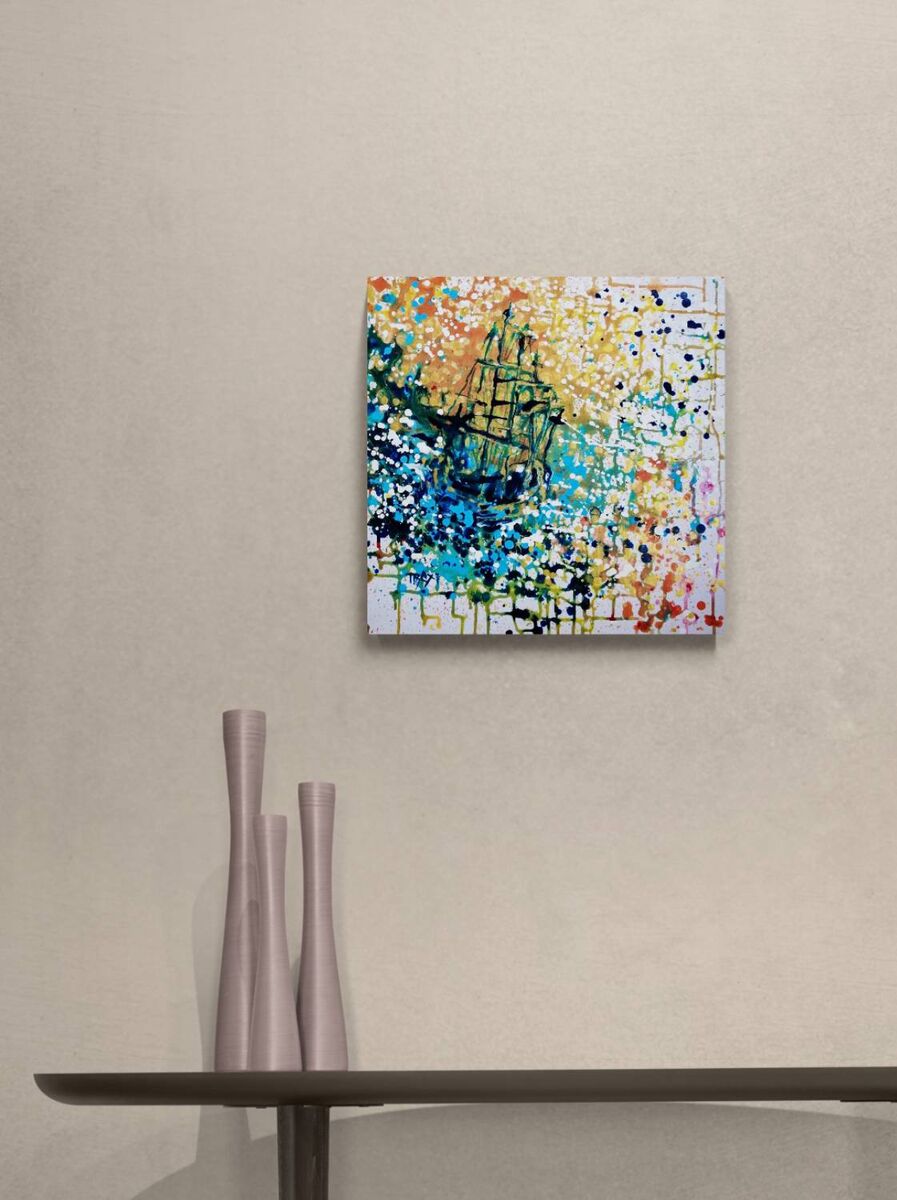Golden Sunset Sea Ship original abstract seascape fluid acrylic painting with blue and shimmering gold tones by Diana Dimova TRAXI ART.
