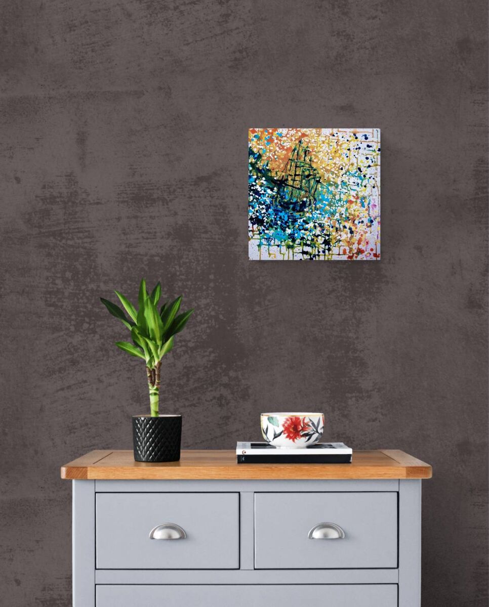 Golden Sunset Sea Ship original abstract seascape fluid acrylic painting with blue and shimmering gold tones by Diana Dimova TRAXI ART.