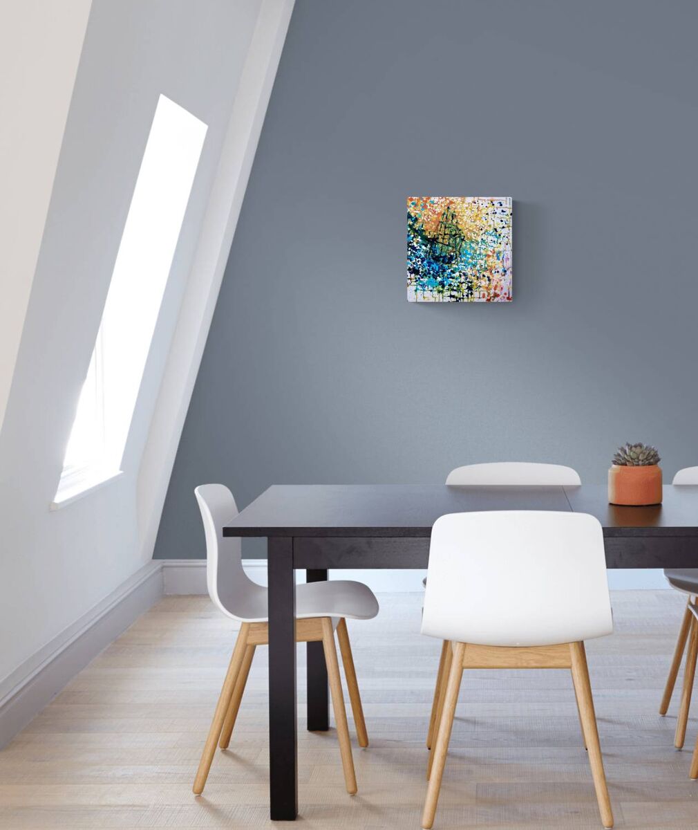 Golden Sunset Sea Ship original abstract seascape fluid acrylic painting with blue and shimmering gold tones by Diana Dimova TRAXI ART.