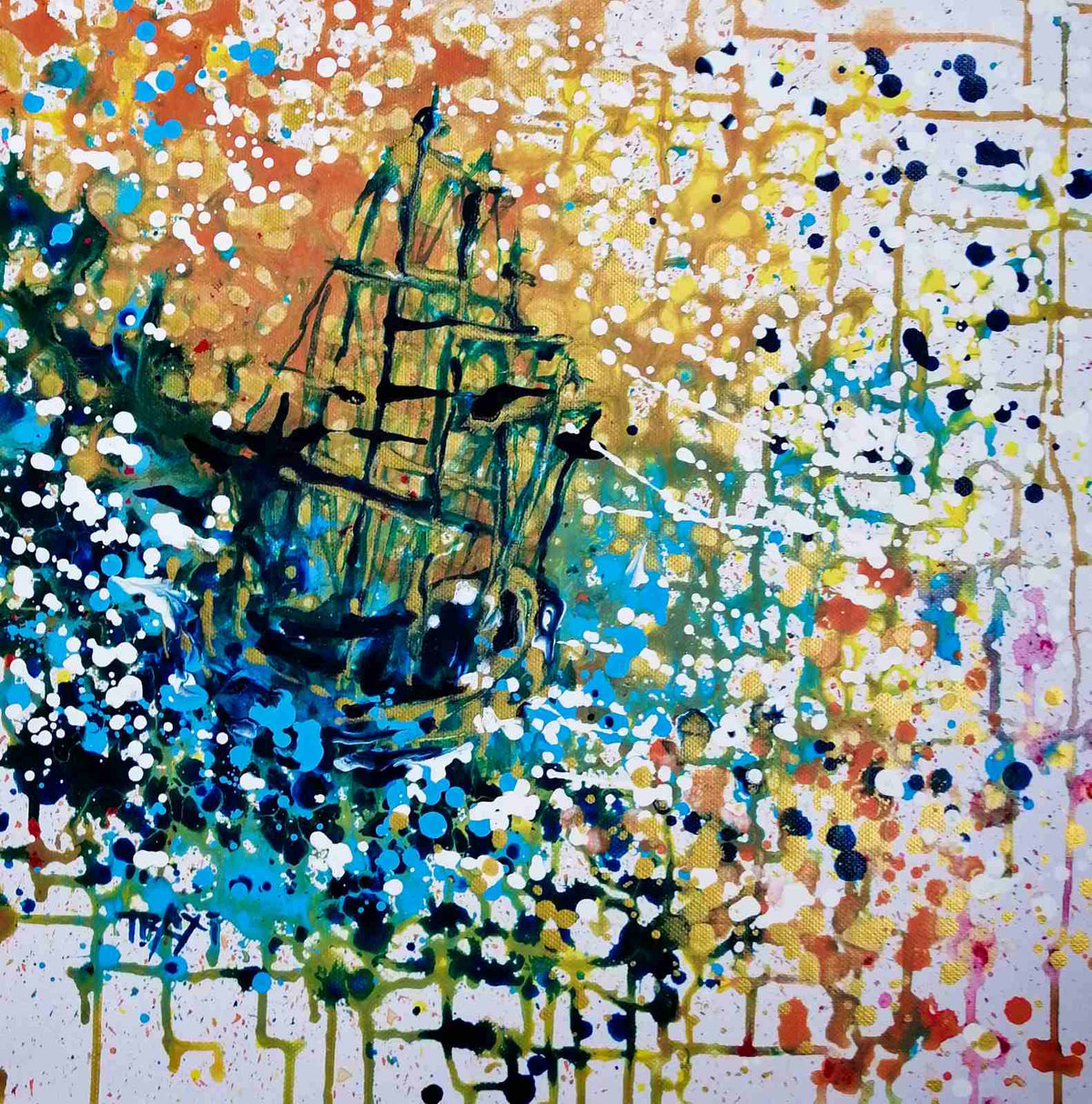 Golden Sunset Sea Ship original abstract seascape fluid acrylic painting with blue and shimmering gold tones by Diana Dimova TRAXI ART.