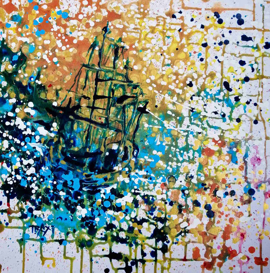 Golden Sunset Sea Ship original abstract seascape fluid acrylic painting with blue and shimmering gold tones by Diana Dimova TRAXI ART.