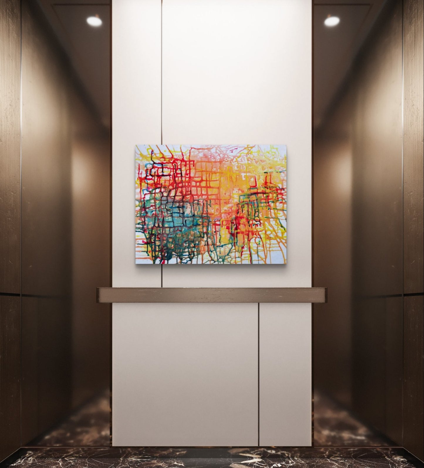 Illusions original checkered abstract painting in red, yellow, green, and orange by Diana Dimova TRAXI ART. Honorable Mention Award winner 2024. An abstract canvas painting with vibrant red, yellow, blue, and green brushstrokes, displayed on a modern white wall in a sleek, contemporary hallway with dark wood paneling.