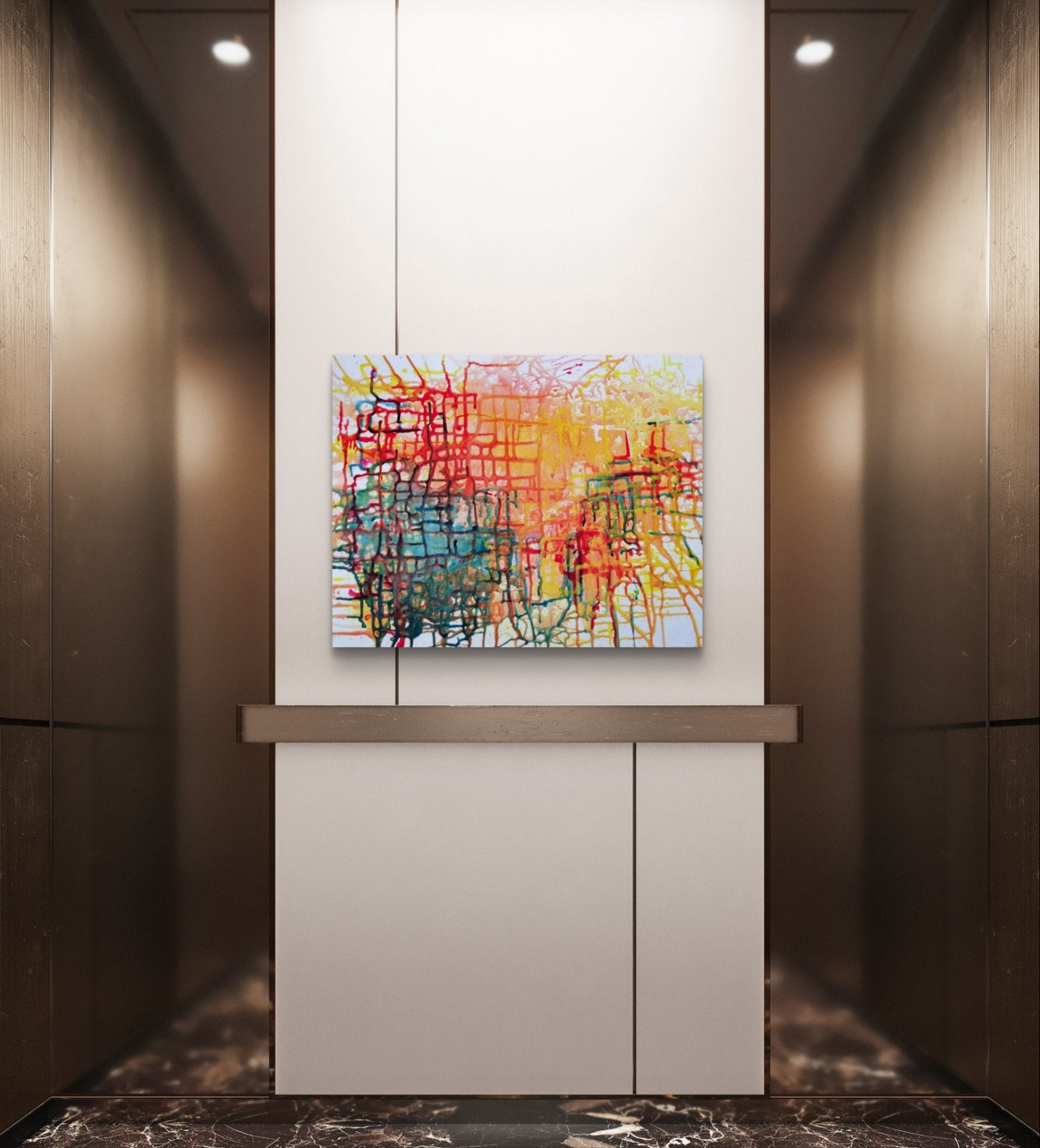 Illusions original checkered abstract painting in red, yellow, green, and orange by Diana Dimova TRAXI ART. Honorable Mention Award winner 2024. An abstract canvas painting with vibrant red, yellow, blue, and green brushstrokes, displayed on a modern white wall in a sleek, contemporary hallway with dark wood paneling.