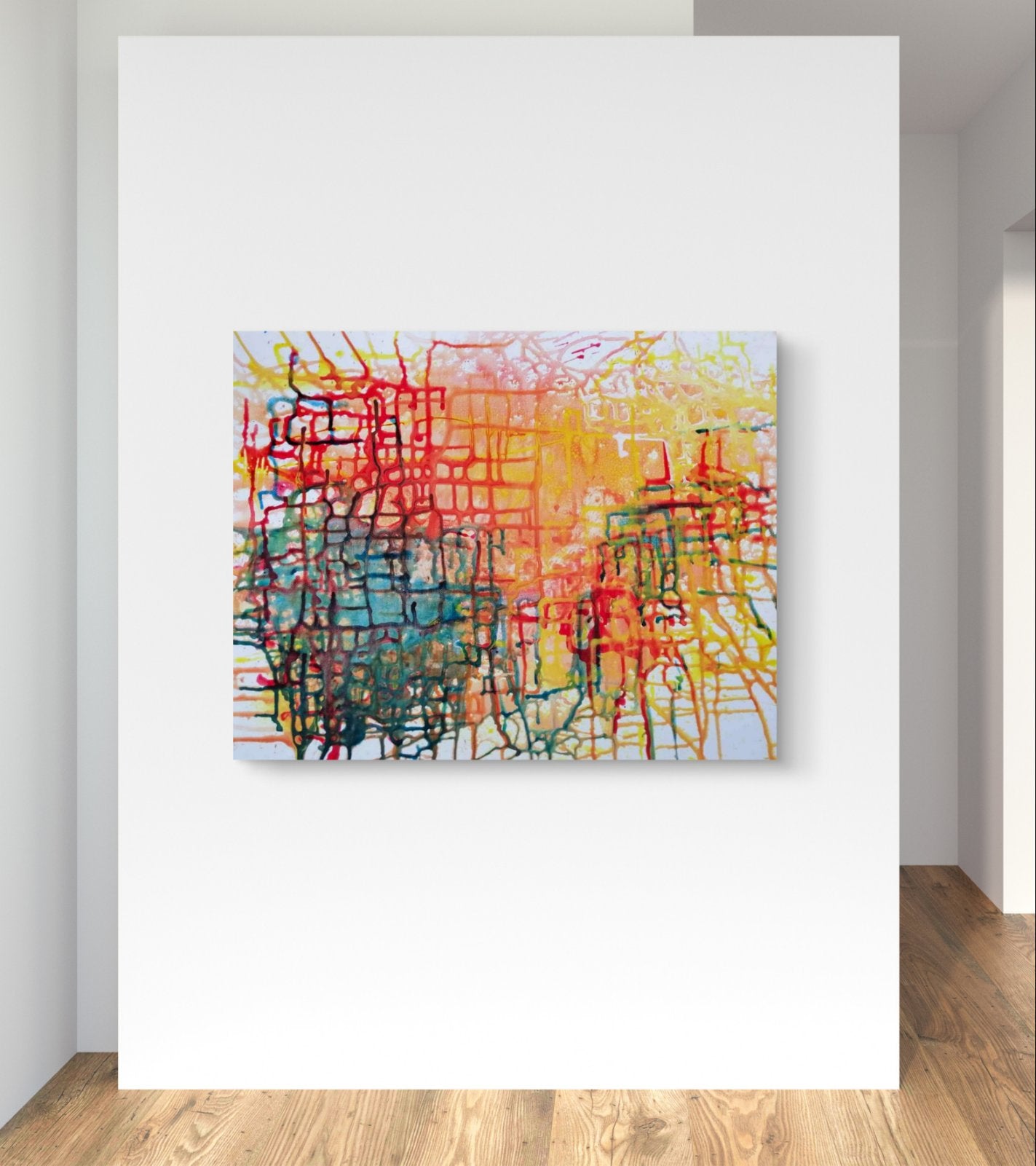 Illusions original checkered abstract painting in red, yellow, green, and orange by Diana Dimova TRAXI ART. Honorable Mention Award winner 2024. An abstract canvas painting with energetic red, yellow, blue, green, and black brushstrokes on a white wall above a light wood floor.