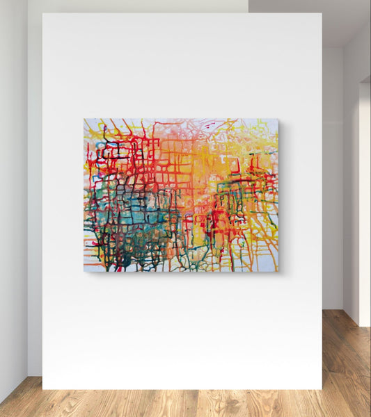 Illusions original checkered abstract painting in red, yellow, green, and orange by Diana Dimova TRAXI ART. Honorable Mention Award winner 2024. An abstract canvas painting with energetic red, yellow, blue, green, and black brushstrokes on a white wall above a light wood floor.