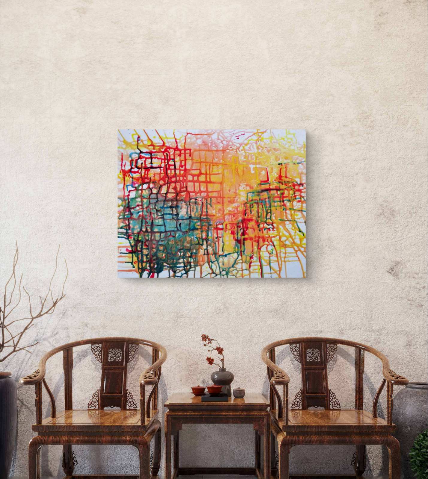 Illusions original checkered abstract painting in red, yellow, green, and orange by Diana Dimova TRAXI ART. Honorable Mention Award winner 2024. A colorful abstract canvas wall art print featuring red, yellow, green, and blue brushstrokes, displayed on a textured beige wall above a traditional wooden table and two matching armchairs.